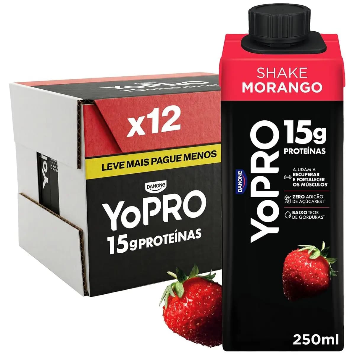YoPRO Bebida Láctea UHT Morango – 15g de Proteínas, Líquido, Caixinha Tetra Pak 250ml (Pack com 12 unidades)