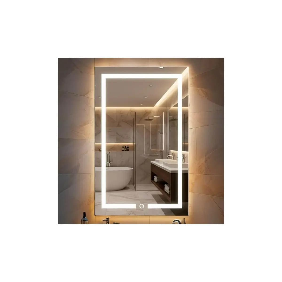 Espelho Jateado Retangular 80x50 cm com LED 3 Cores e Botão Touch para Banheiro Lavabo Penteadeira