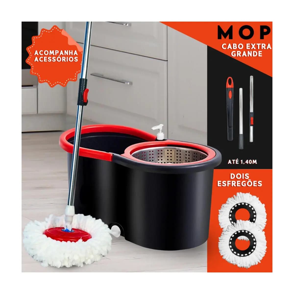 Mop Giratório 360 Cabo 140cm Balde Centrífuga Cesto Inox 14L 2 Refis Microfibra Esfregão Spin