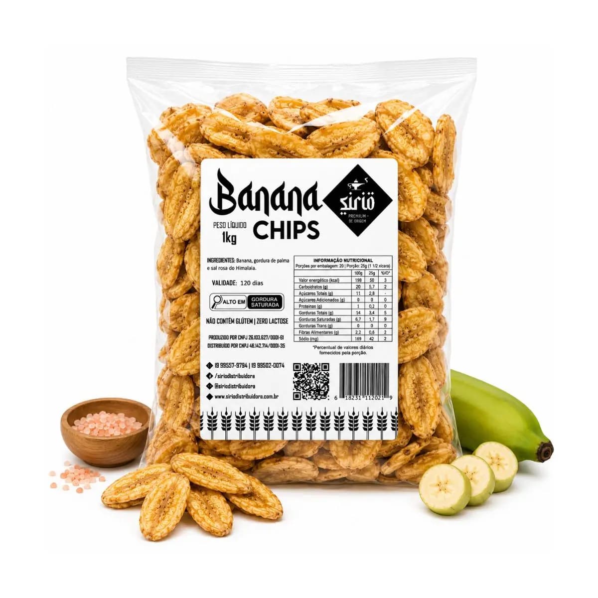 Banana Chips Premium 1kg Salgada Crocante Snack Saudável Natural Sem Glúten com Sal Rosa do Himalaia