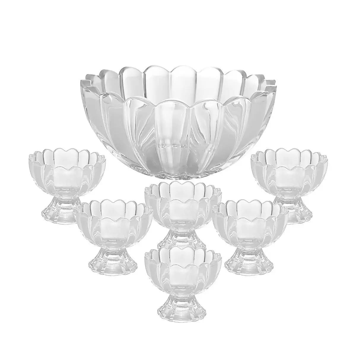 Kit 7 Pecas Bowl com 6 Tacas de Vidro Para Sobremesa Wolff Conjunto para Doces Mesa Posta Cafe e Receber Praticidade Uso