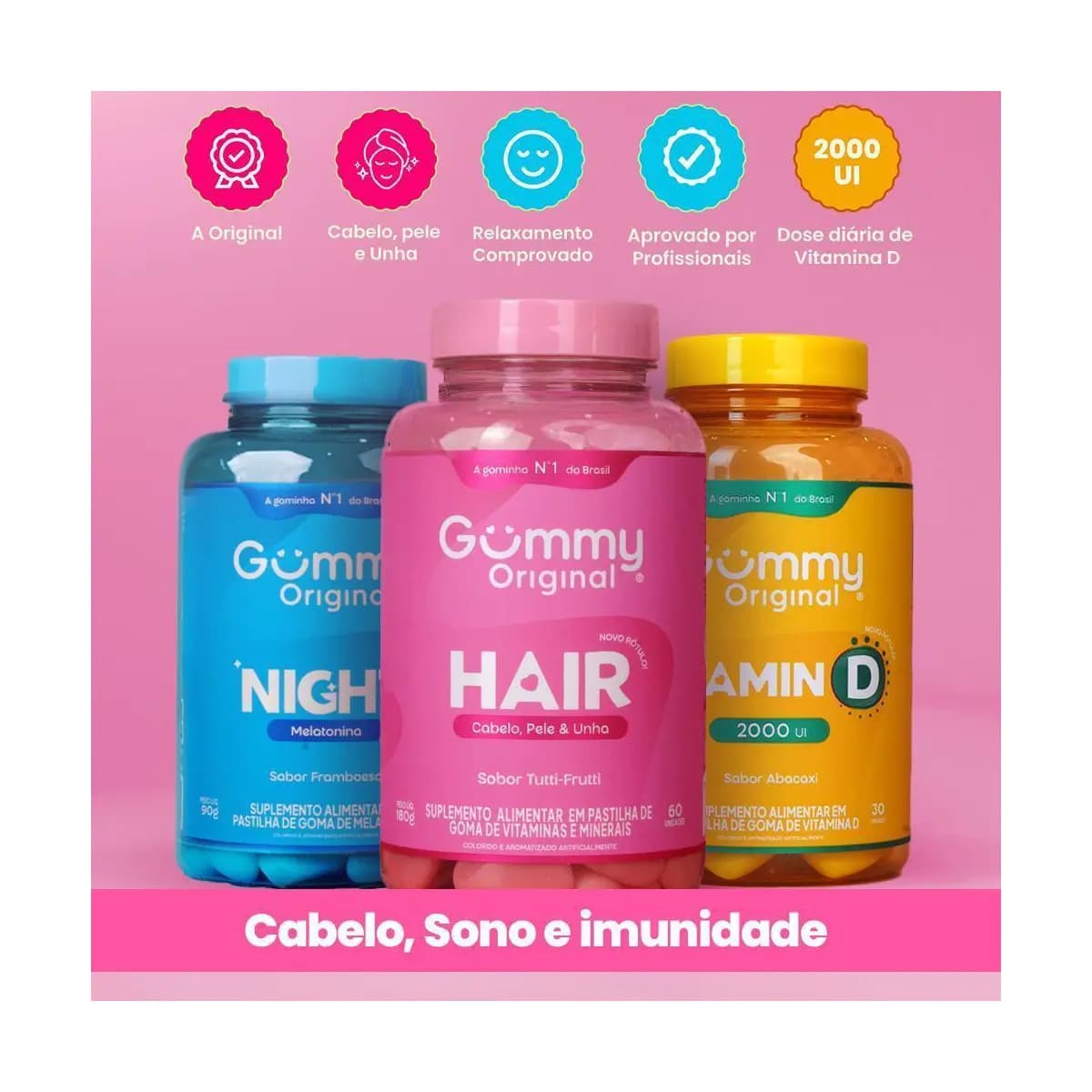 Kit Gummy Night Hair e Vitamina D 3 Frascos Melatonina Biotina Imunidade