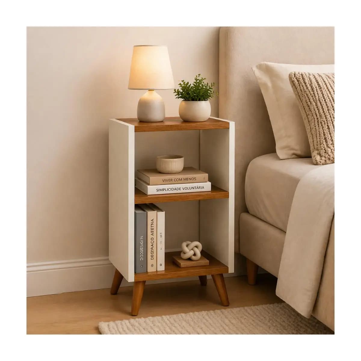 Mesa de Cabeceira Lateral Pequena Retrô 2 Nichos Moderna Compacta Quarto Decorativa Multiuso