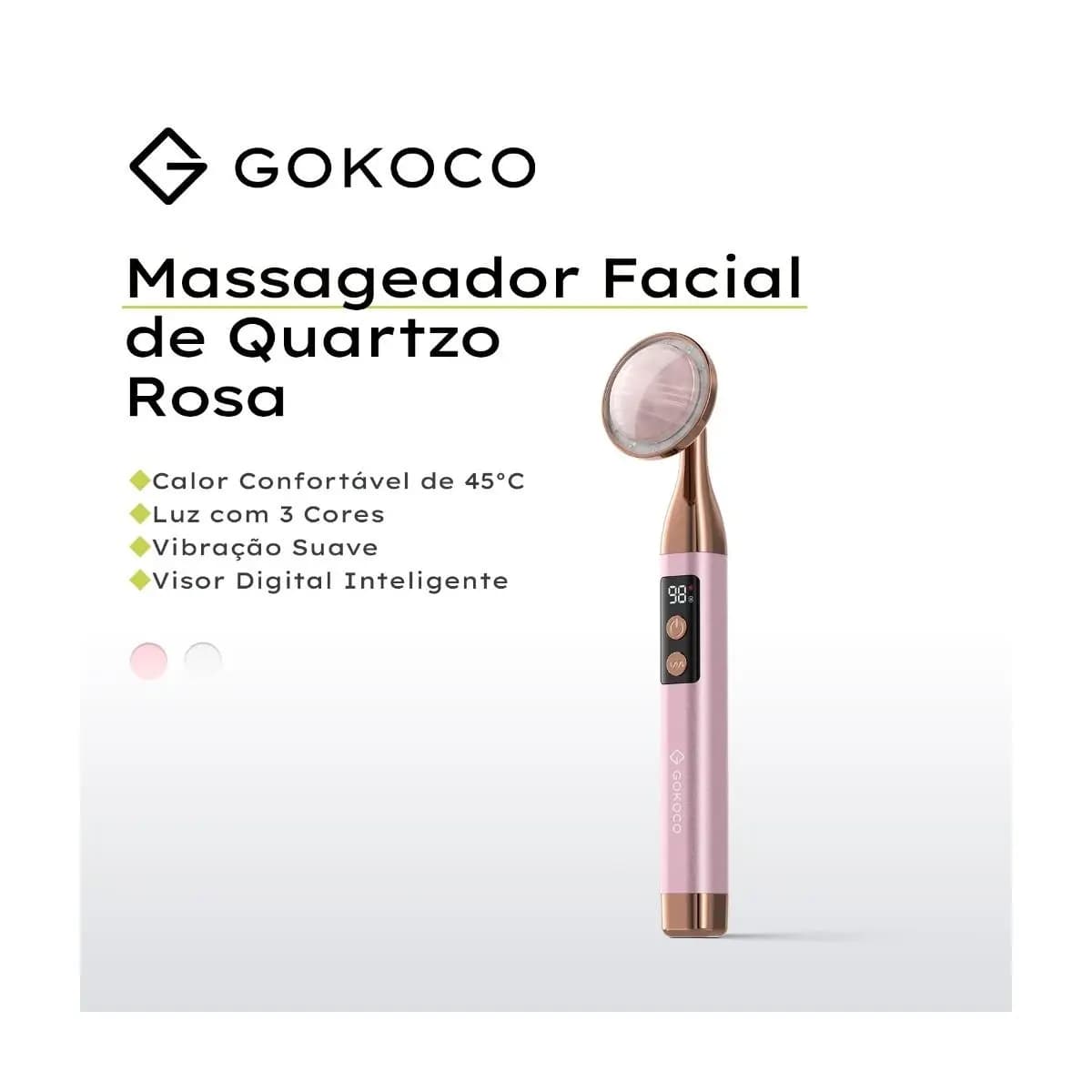 GOKOCO Massageador Facial Elétrico Quartzo Rosa com 3 Cores LED, Vibração, Aquecimento 45°C e Display Digital