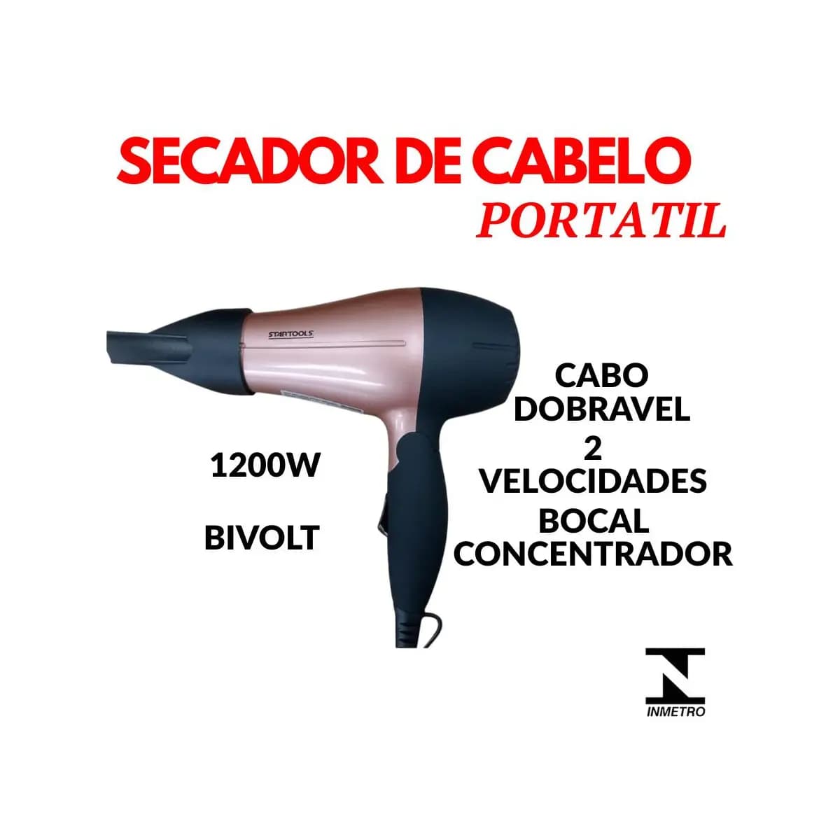 Secador De Cabelo Dobrável 1200W Bivolt Alça Bocal Dois Níveis de Temperatura