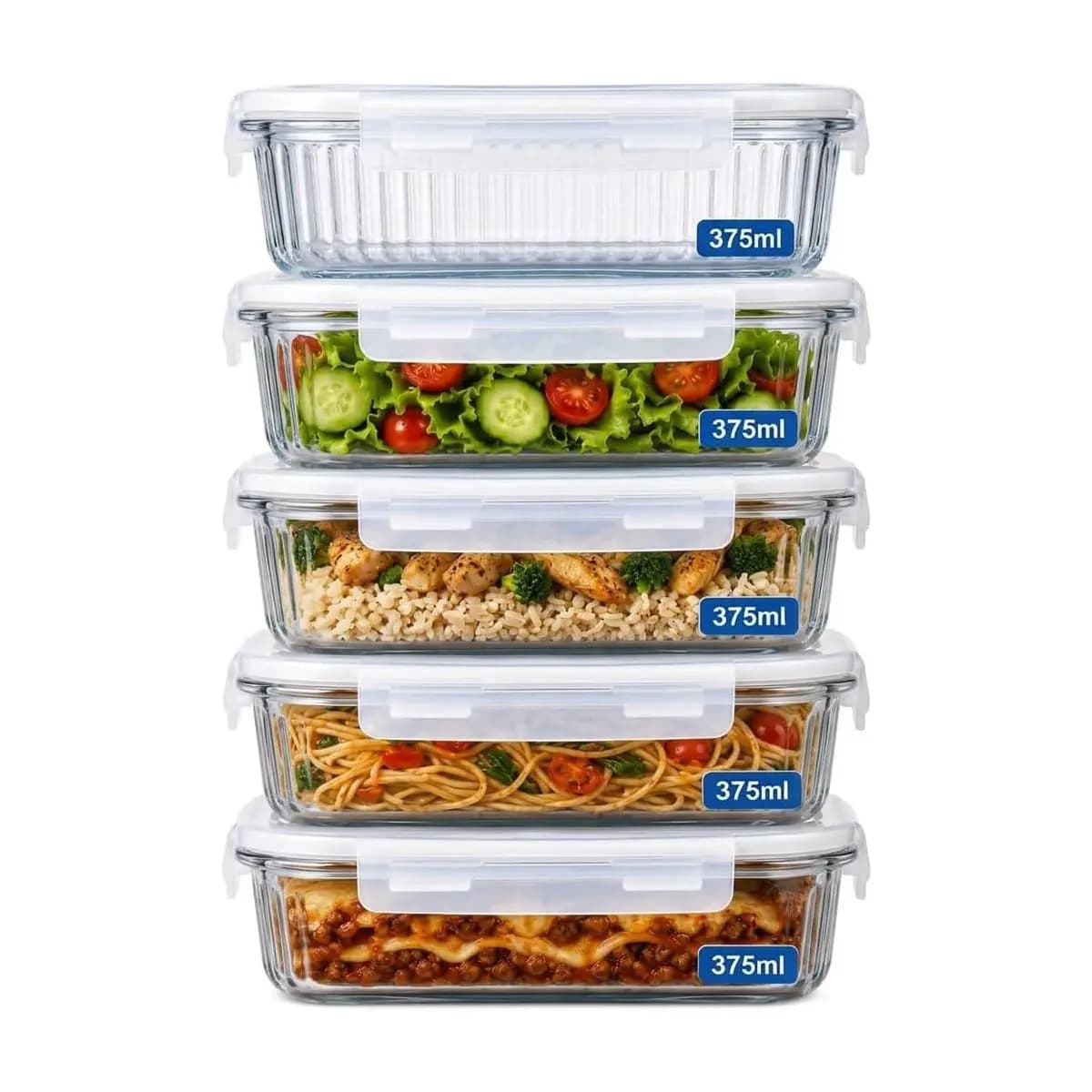 Kit 5 Potes de Vidro Herméticos 375ml – Tampa com Trava, Vedação Airtight, Ideal para Marmitas, Porta Mantimentos, Alimentos e Organização, Acabamento Premium