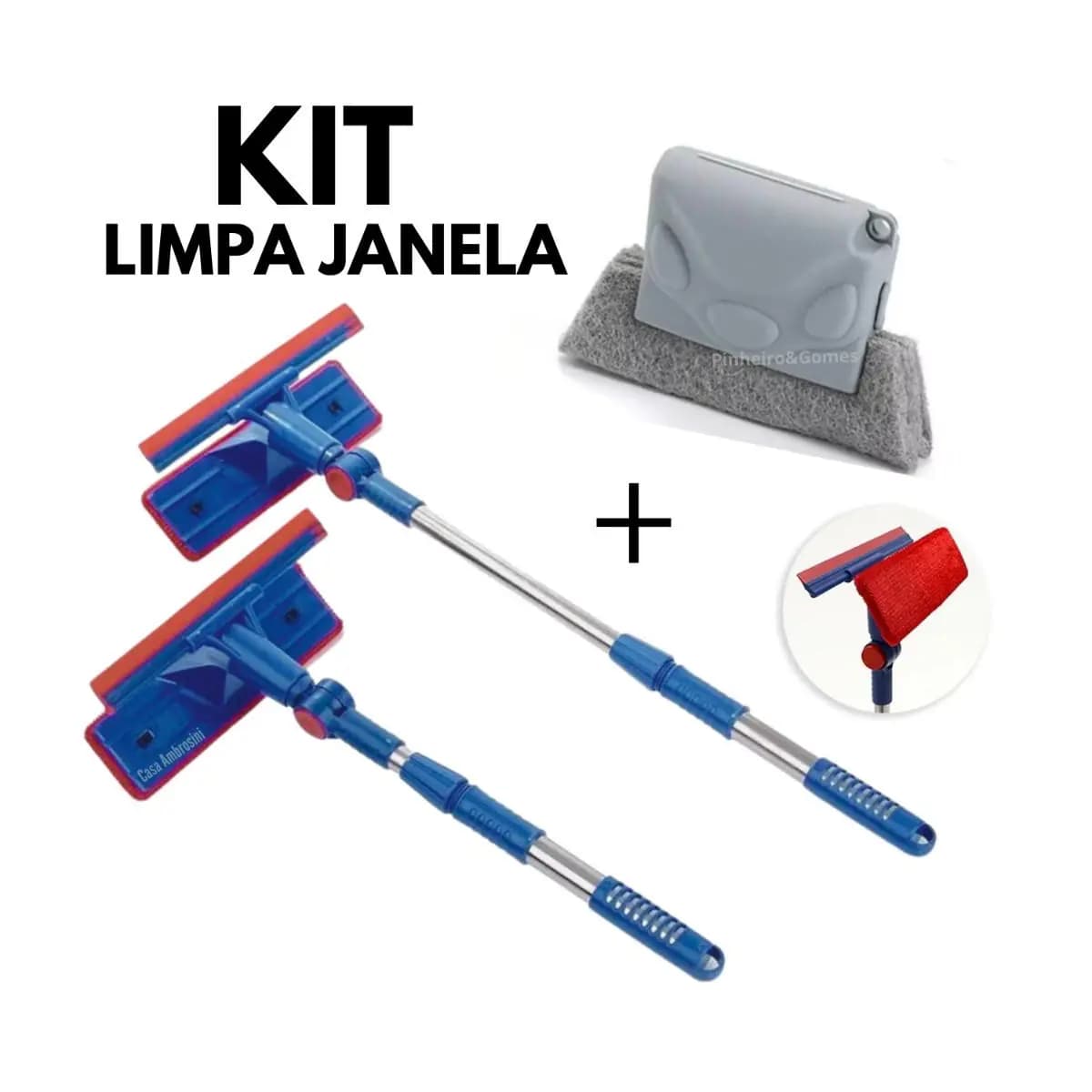 KIT Rodo Limpa Vidro + Escova Limpeza Cantos Janela Multiuso 2 em 1 Extensível com Esponja
