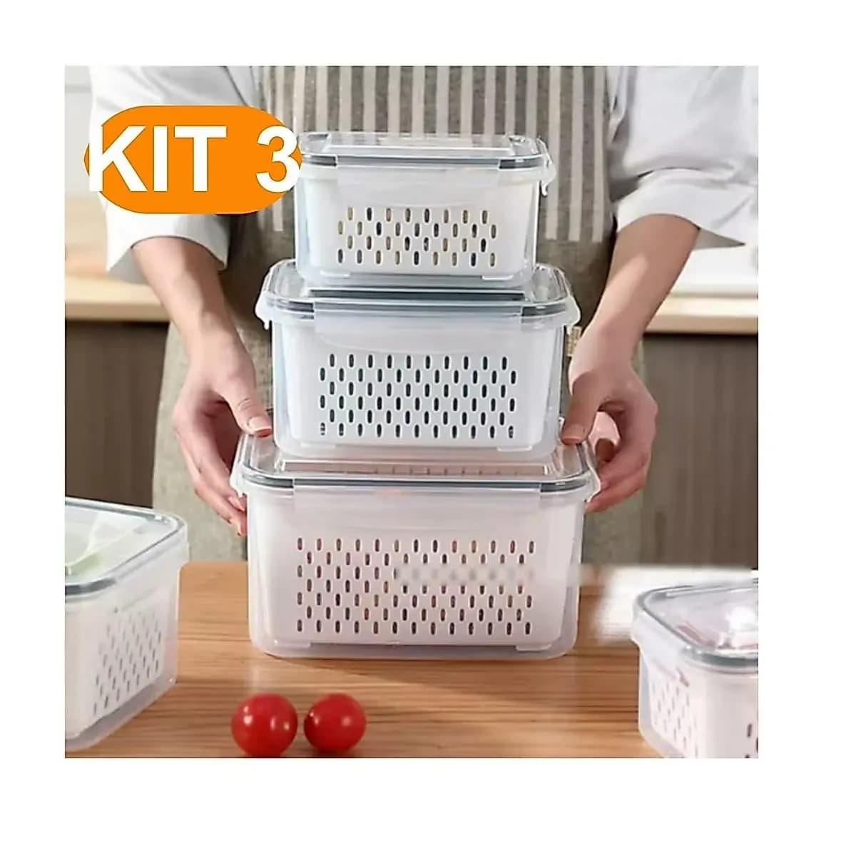 Kit 3 potes herméticos com tampa de vedação segura e design empilhável para geladeira