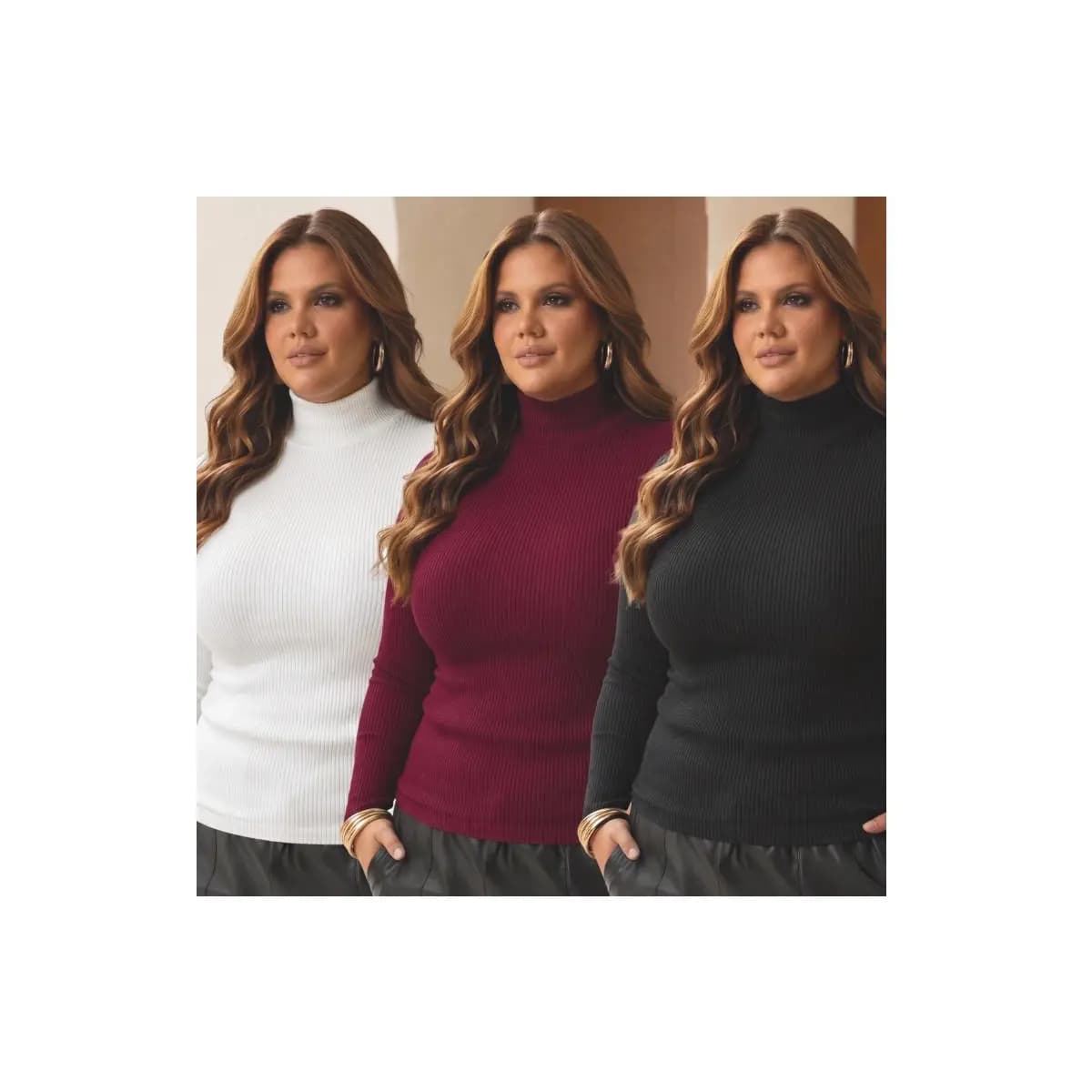 Blusa Cacharel segunda pele Plus Size Gola Alta Canelada Elegante quentinha blusa inverno curve frio