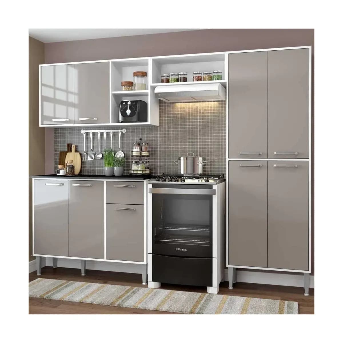 Cozinha Compacta com Armário e Balcão Xangai Multimóveis Vm2840 Branca/lacca Fumê