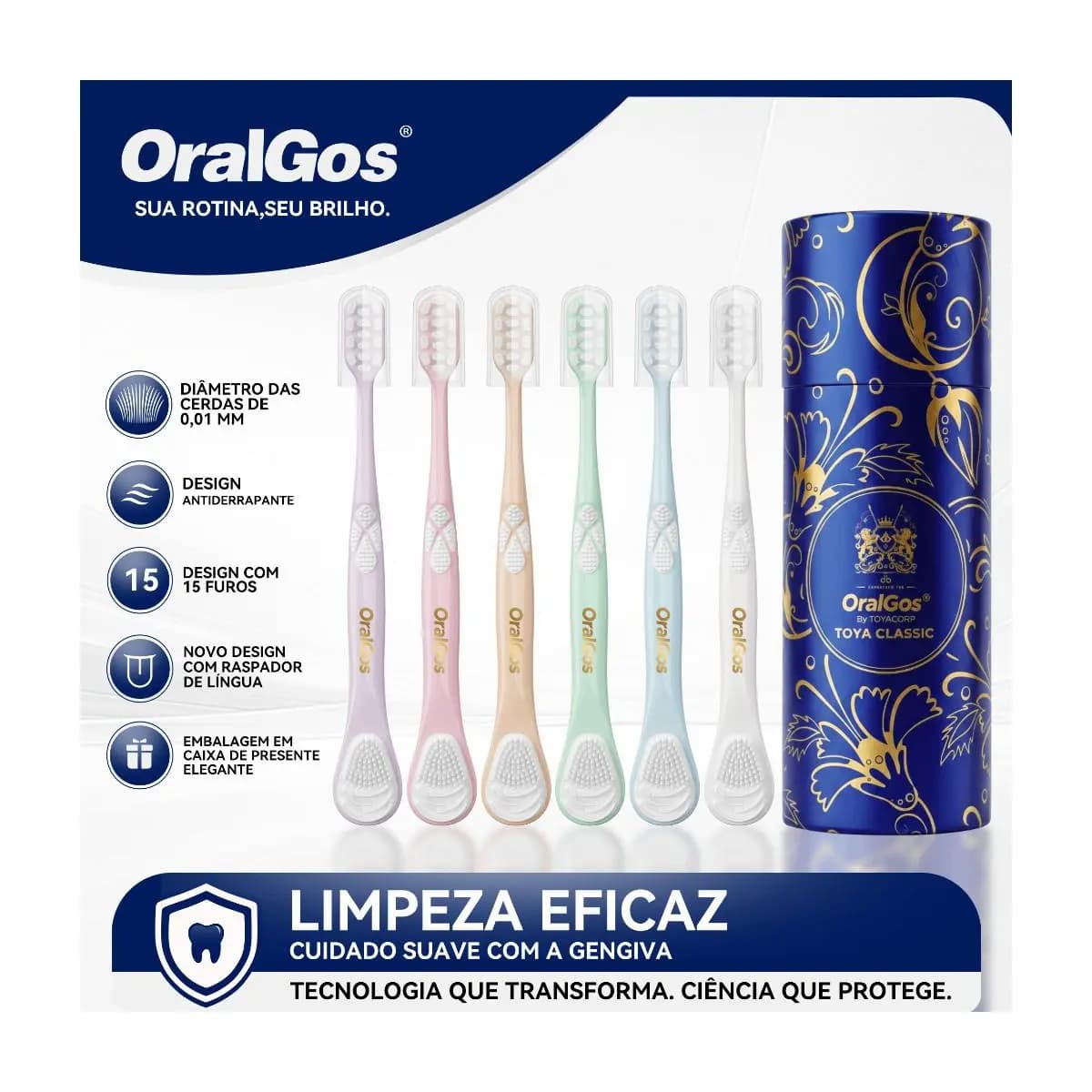 OralGos Escova de Dentes com Cerdas Ultrafinas,Limpa Língua, Limpeza Completa,6 Cores