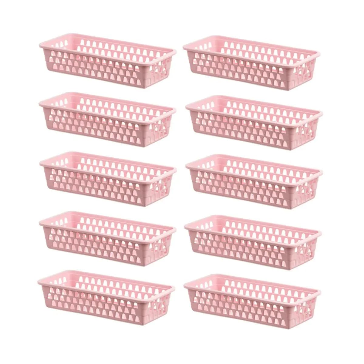 Kit 10 Cesto Organizador Multiuso Gaveta Retangular Branco Rosa Cestinho