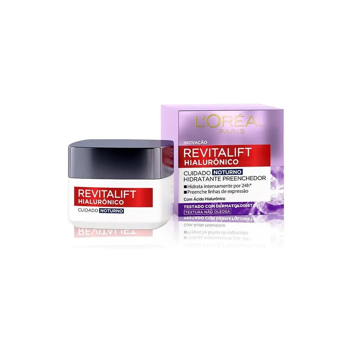 L'Oréal Paris Revitalift Hialurônico Creme Facial Noturno, com Ácido Hialurônico Puro, Com textura leve, preenche linhas de expressão e hidrata a pele intensamente por 24h, 49g