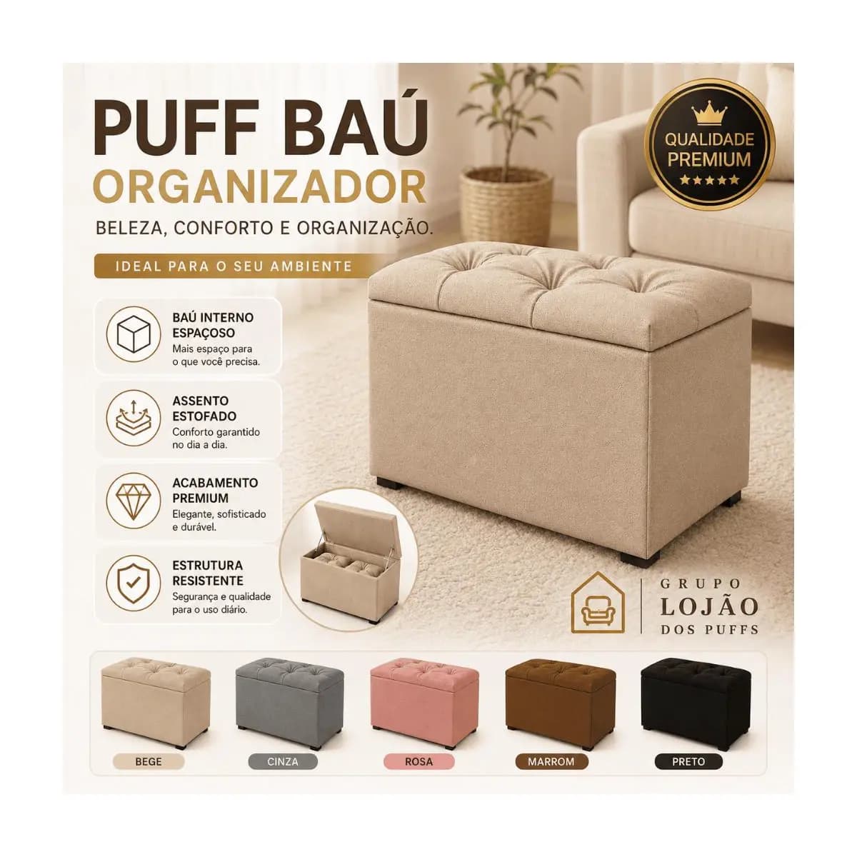 PUFF BAÚ EM SUEDE ORGANIZADOR ESTOFADO MULTIUSO QUARTO SALA CASA PENTEADEIRA ROUPAS SAPATO BRINQUEDO