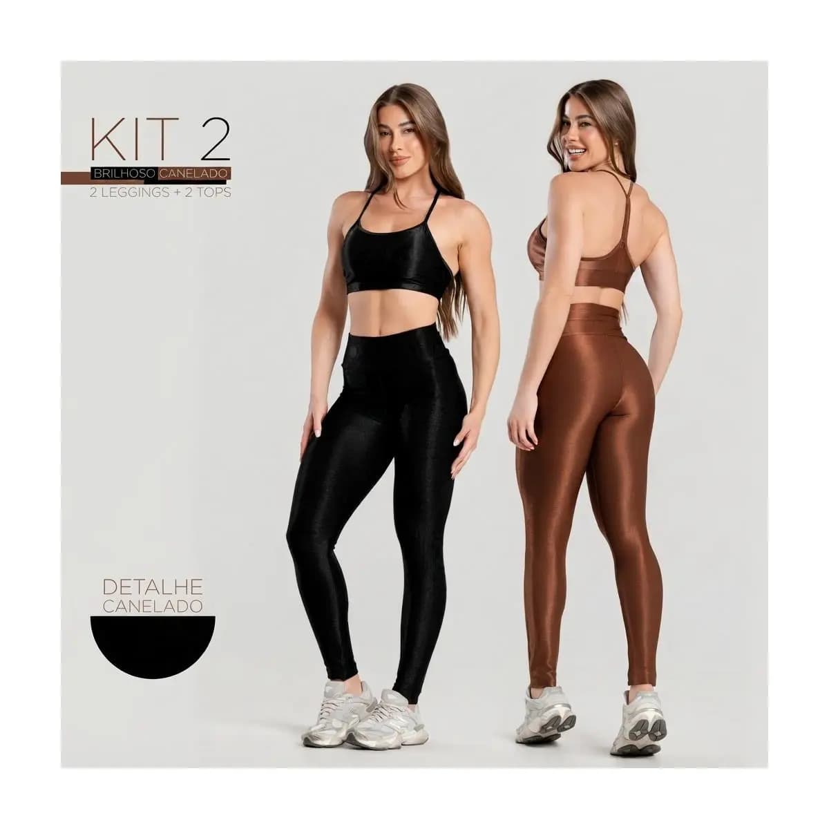 Kit 2 Conjuntos Fitness Feminino -Tops+Leggings Brilhosas Caneladas com Cós Alto, Fitness e Conforto