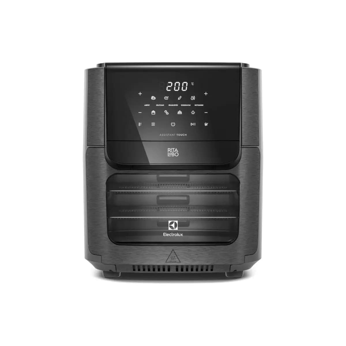Electrolux Air Fryer Forno 5 x 1 12L 1700W Digital Espeto Giratório 2 Bandejas Antiaderentes 10 funções 7 Receitas aviso sonoro Fritadeira Elétrica sem Óleo Forno Bancada EAF90 Grafite 127V
