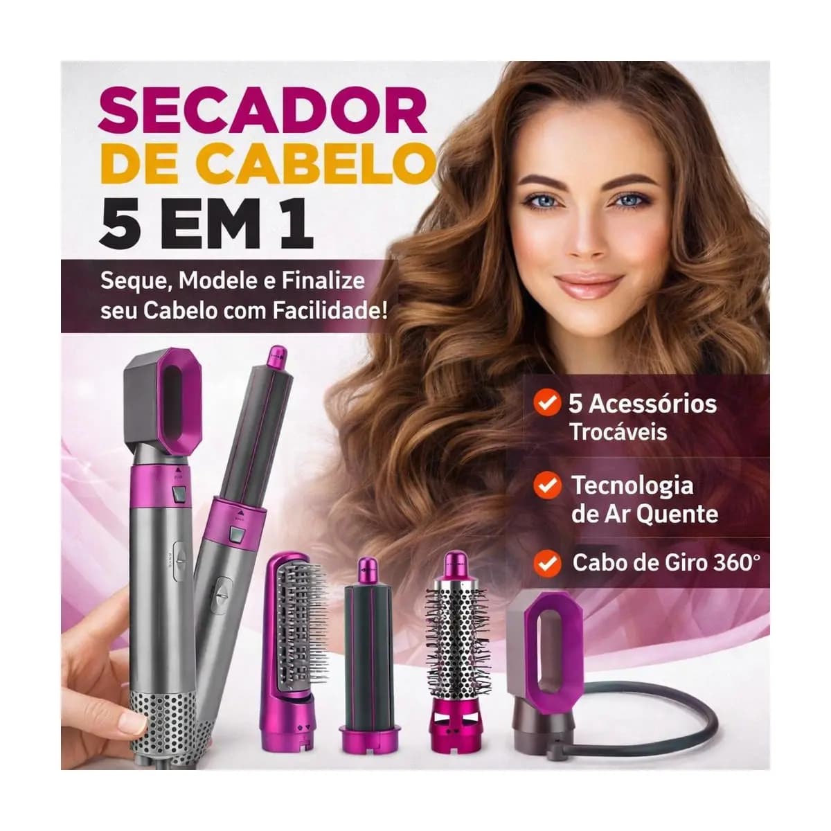 Escova 5 em 1 Secador, Pente, Modelador, Aumenta volume Profissional 110V E 220V