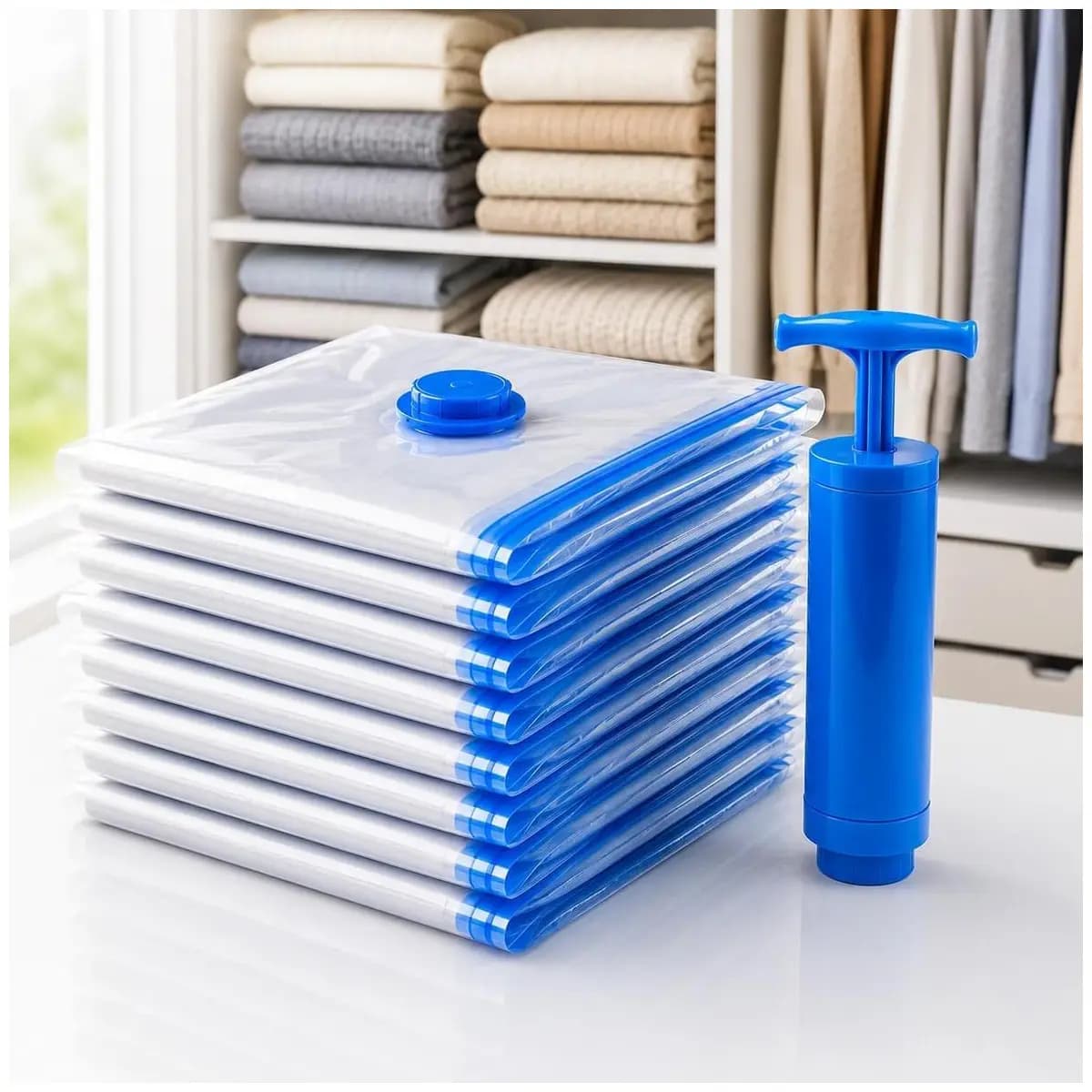 Kit 10 Sacos a Vácuo 50x60cm com Bomba Manual – Organizador de Roupas para Viagem e Armário, Economia de Espaço até 80%, Reutilizável, Proteção Contra Umidade, Poeira e Odores