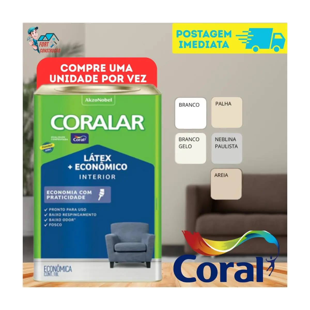 Tinta Econômica Fosca Coralar Paredes Coral 18 L itros Anti Mofo Acrílica Interno Interior Cores