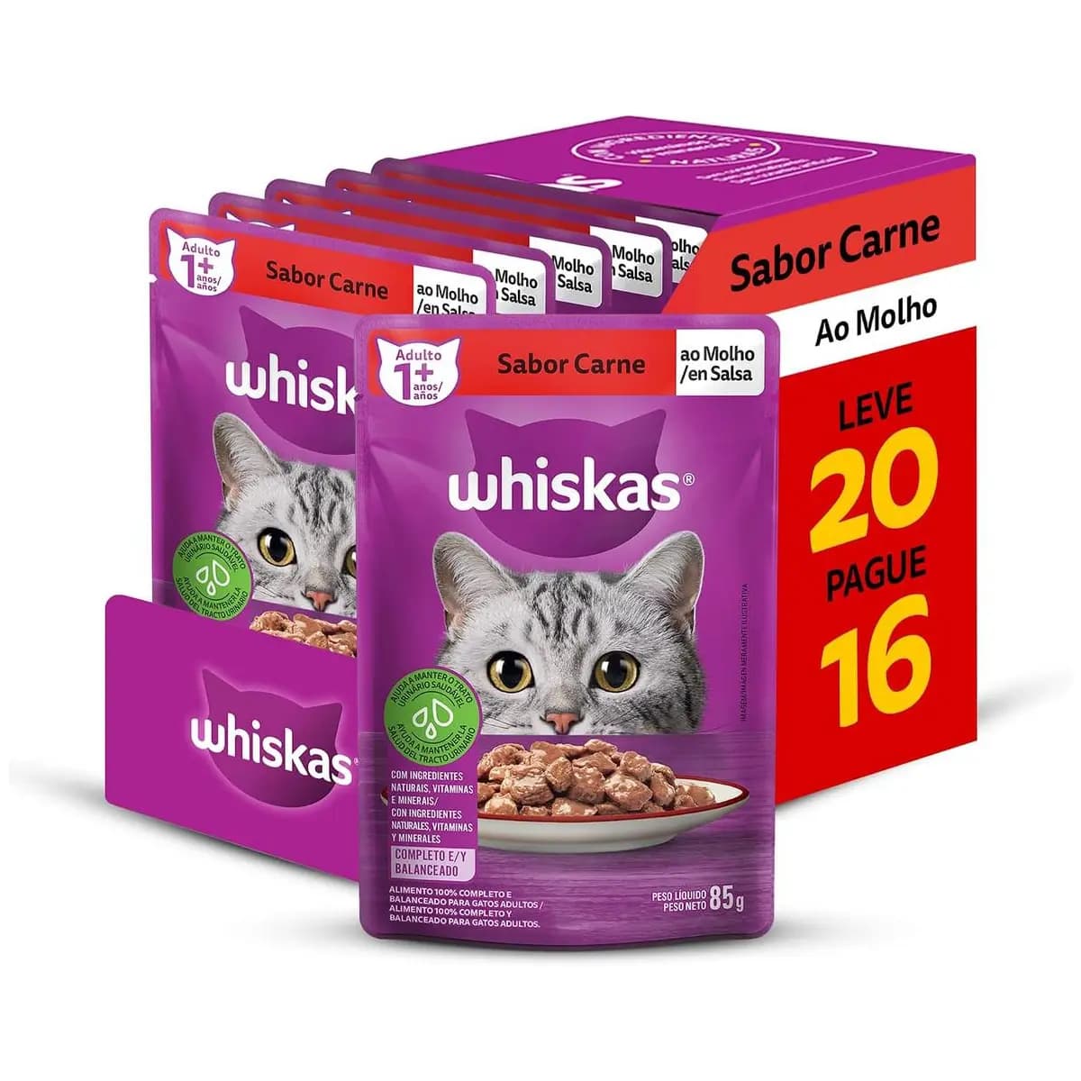 Pack Ração Úmida Whiskas Sachê Carne ao Molho para Gatos Adultos - Leve 20 Pague 16