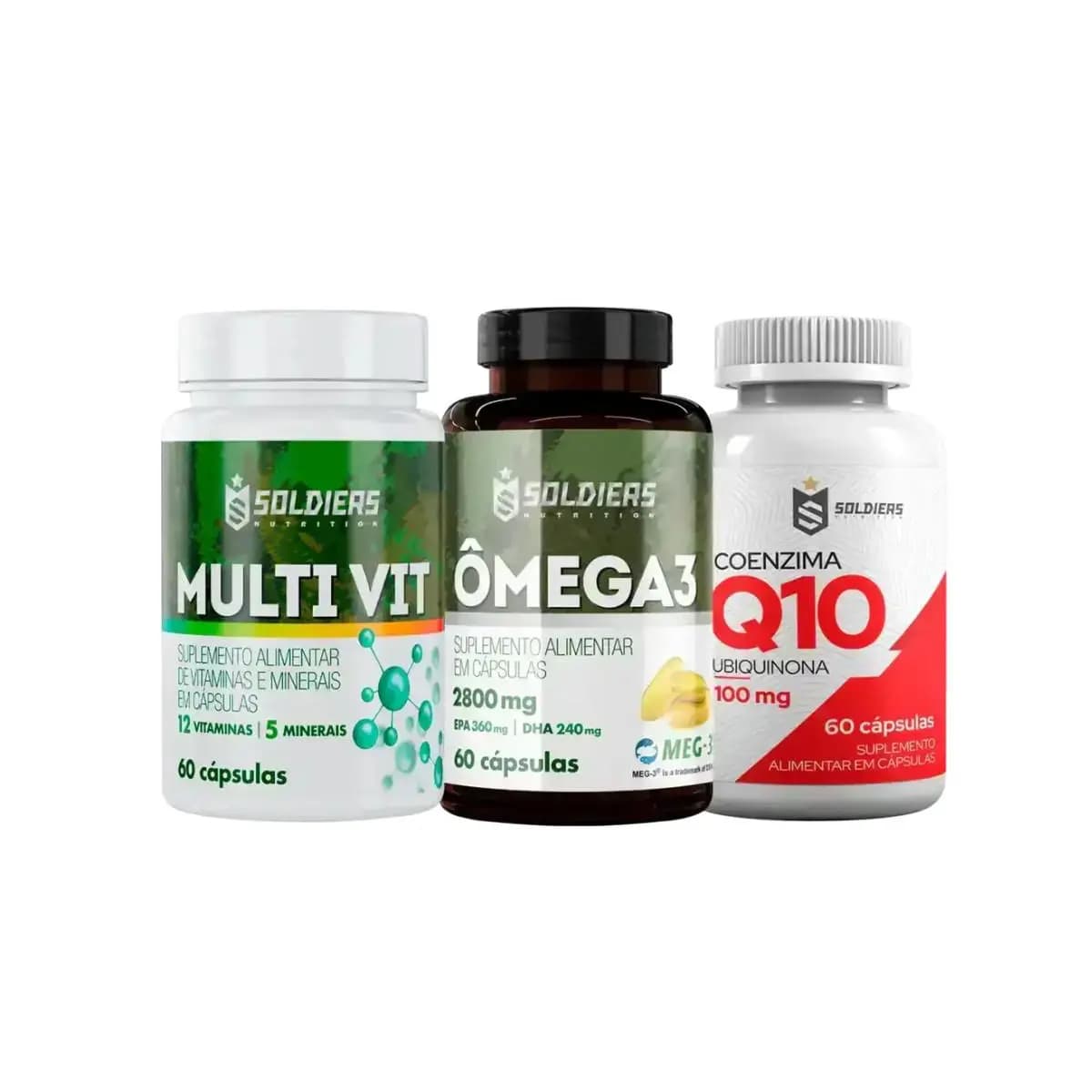 Kit: Coenzima Q10 100mg + Ômega 3 60 Caps 1000mg + Multivitamínico 60 Cap - Soldiers Nutrition Saúde