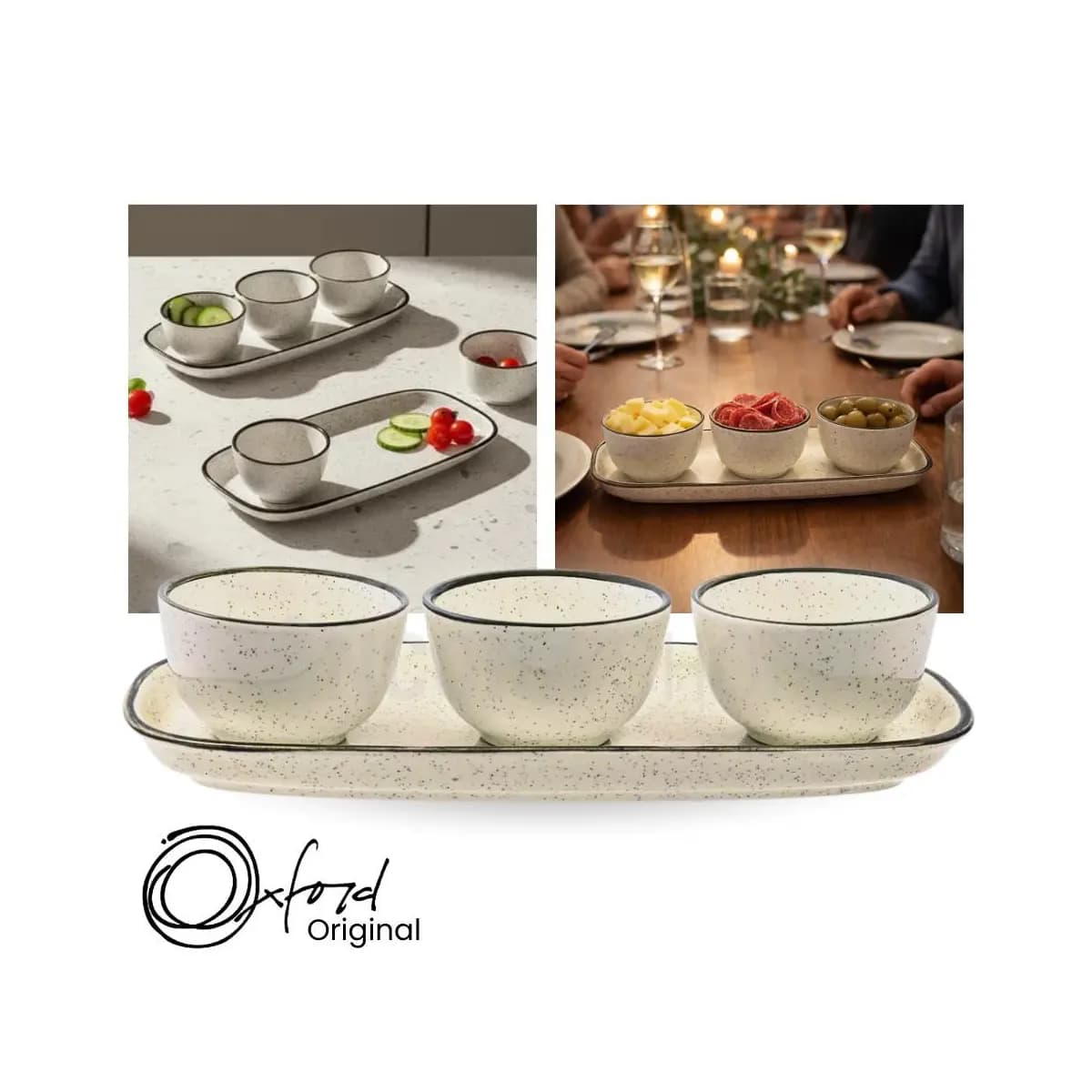 Jogo de Petisqueira 3 Bowls com Bandeja em Cerâmica Retangular Para Servir Domus Brisa Oxford