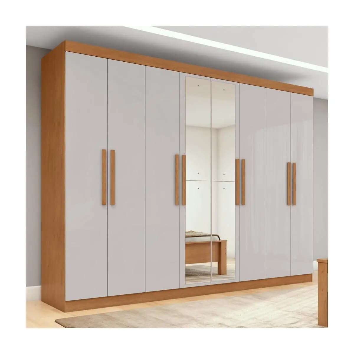 Guarda-roupa Casal Easy Slim 8 Portas Com Espelho Amendoa Clean/Off White