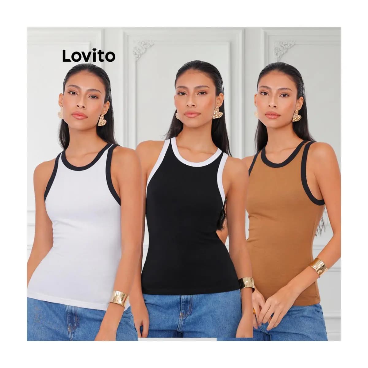 Lovito Regata Moda Contrastante Basica Elegante Moda Feminina TKNS38BX002
