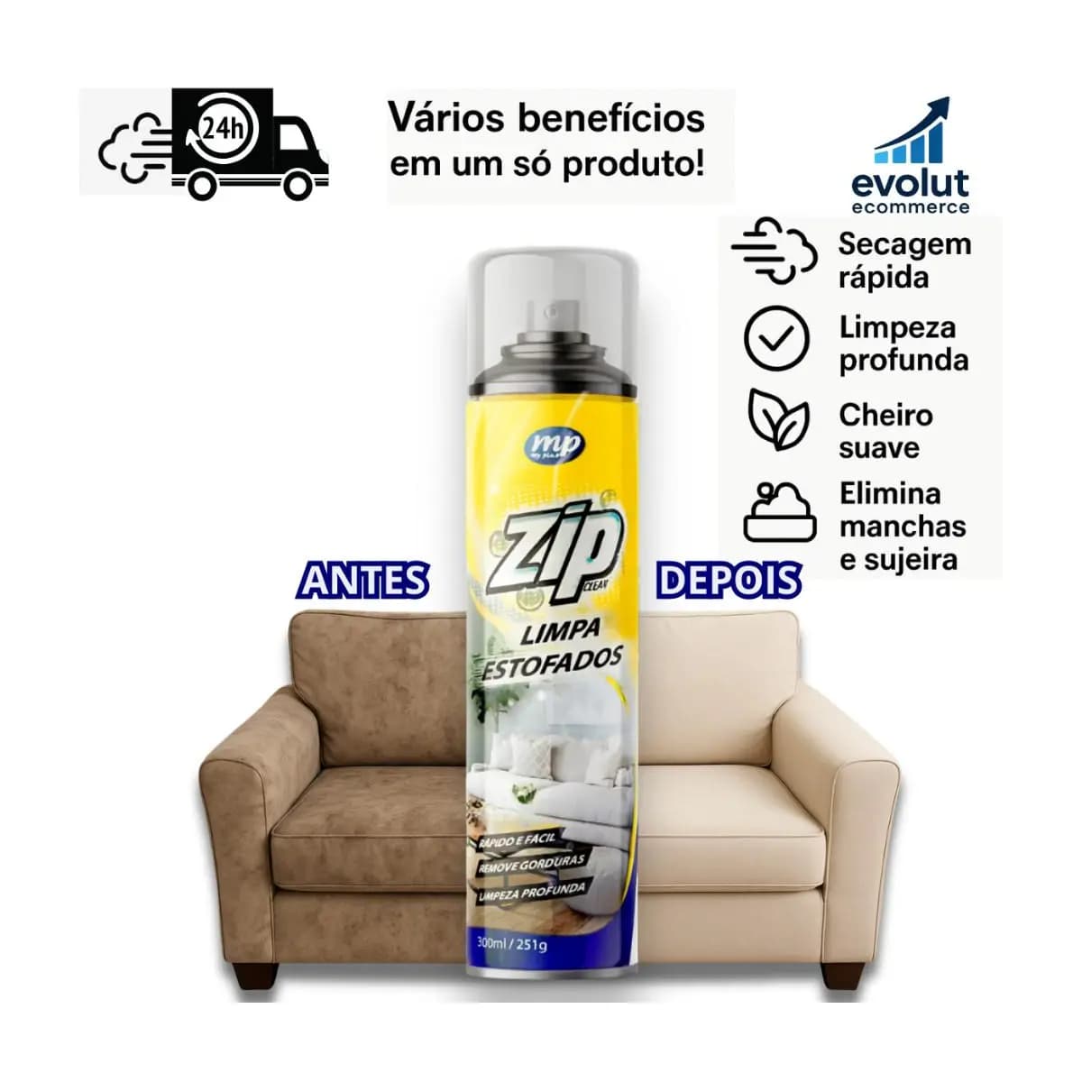 Espuma Spray Zip Clean 300ml Limpa a Seco Sofá, Estofado, Banco de Carro Limpeza Profunda