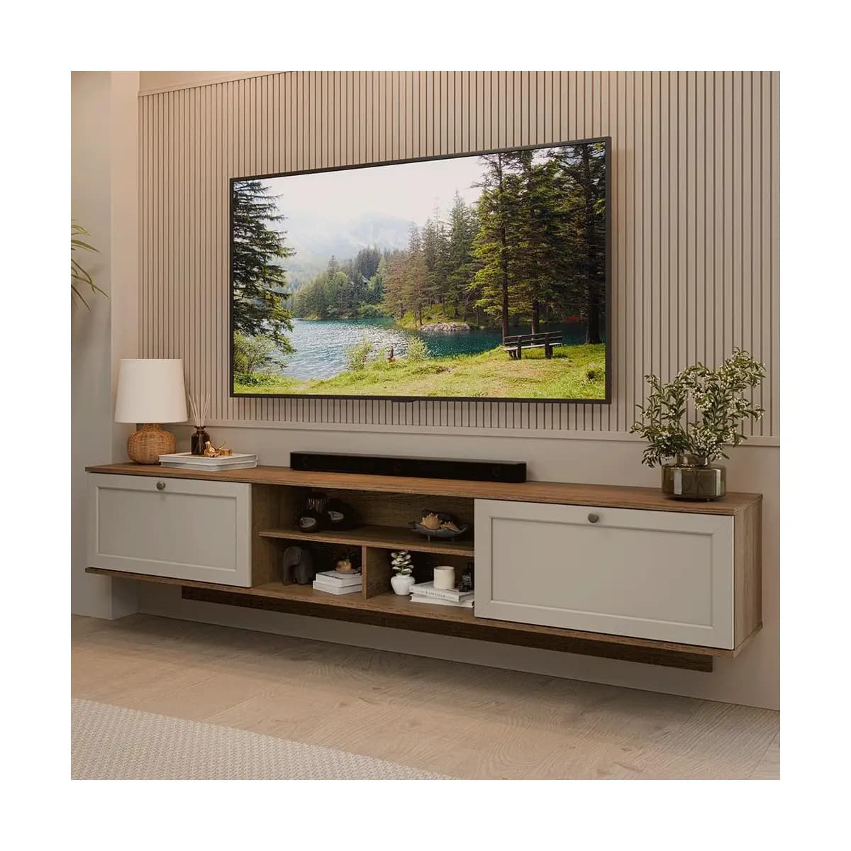 Rack Suspenso para TV até 80 Polegadas 218 cm 2 Portas Rustic/Crema Vik Madesa