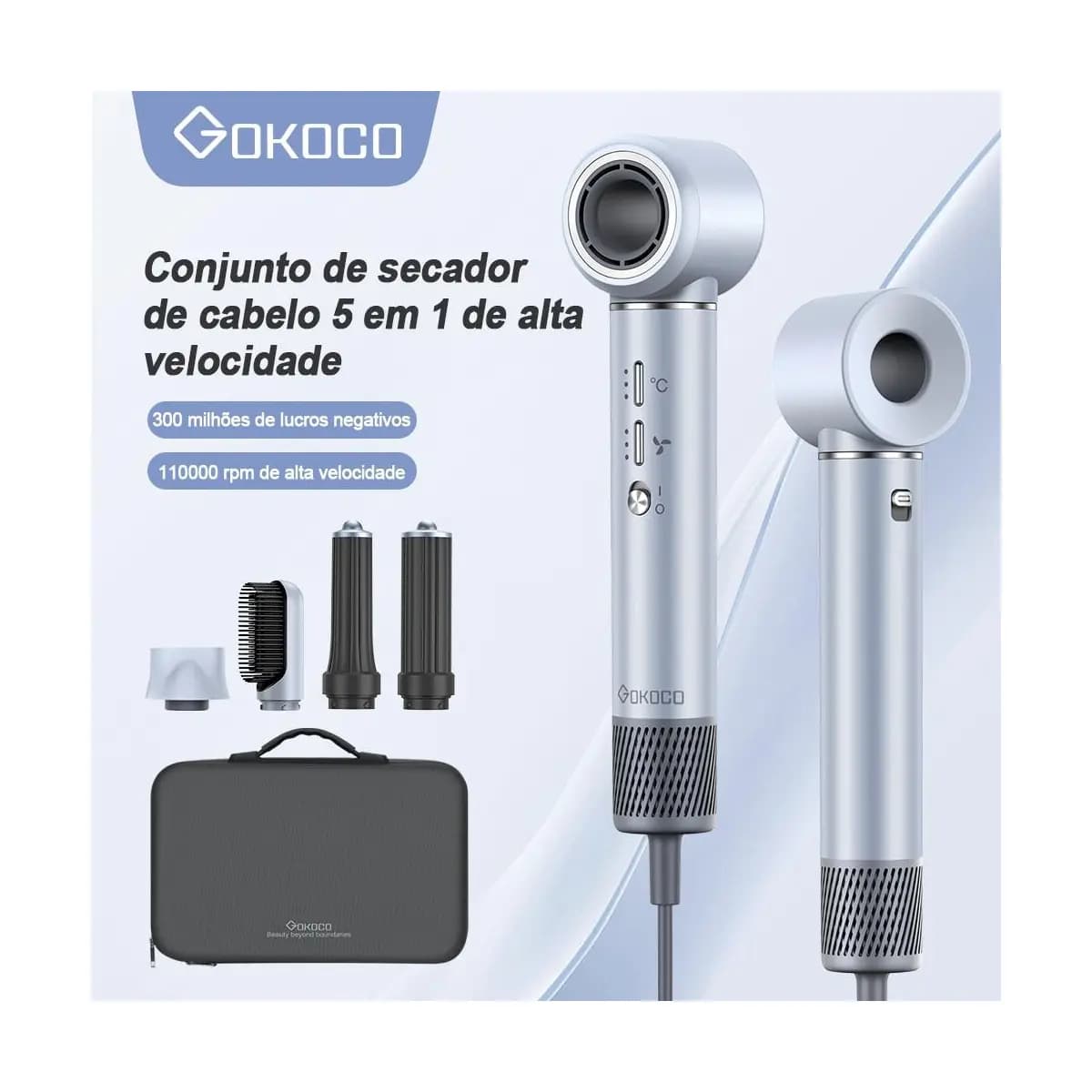 GOKOCO Secador De Cabelo Com 5 Em 1 GD023 Escova Magnético Multifuncional De Alta Velocidade Com Alisar Enrolar Hot Air