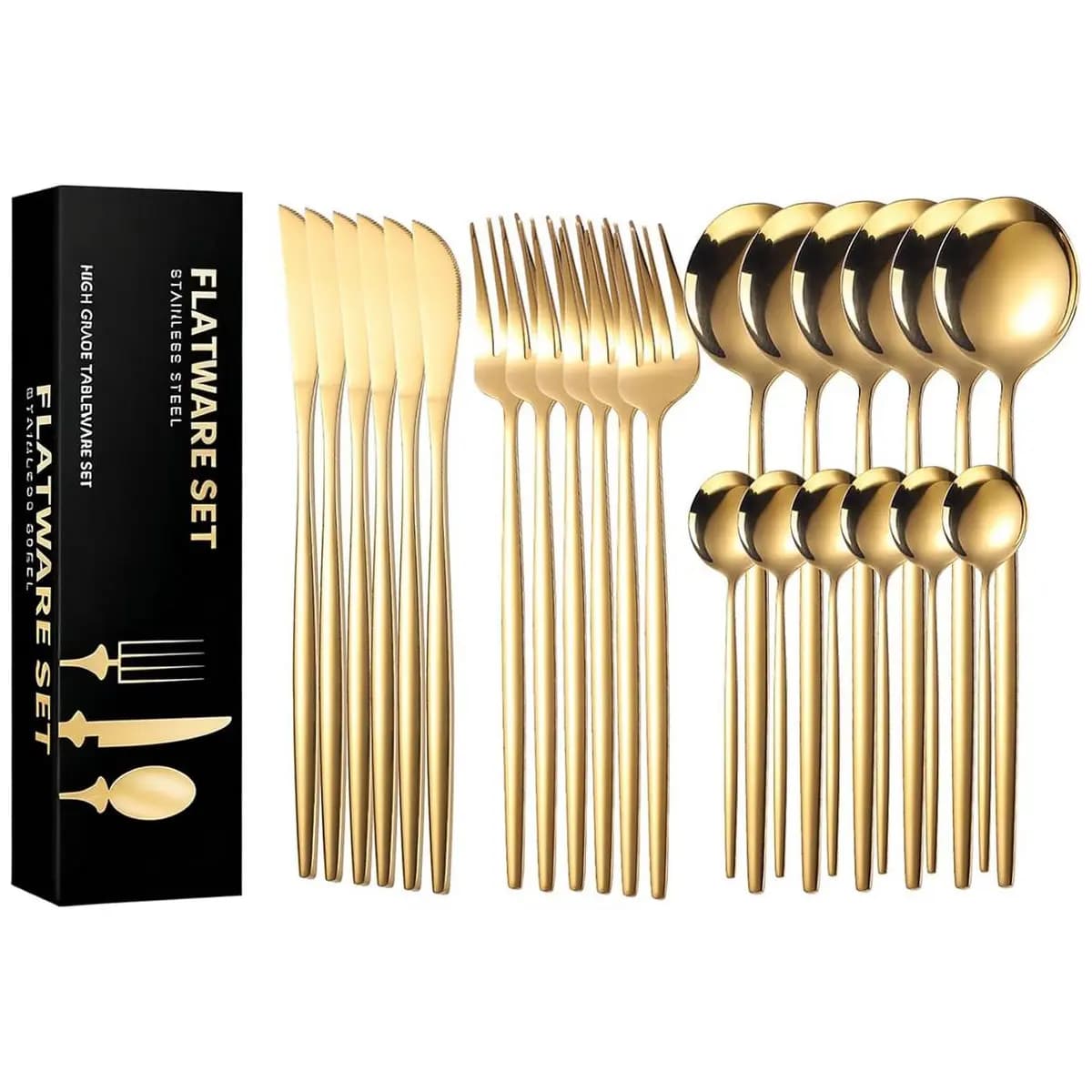 AUXOM Faqueiro 24 Peças em Aço Inox 430 - Jogo de Talheres Premium com Caixa Litografada, Polido e Espelhado de faca e garfo Conjunto para Mesa Posta e Utensílios de Casa/Restaurante (Dourado)