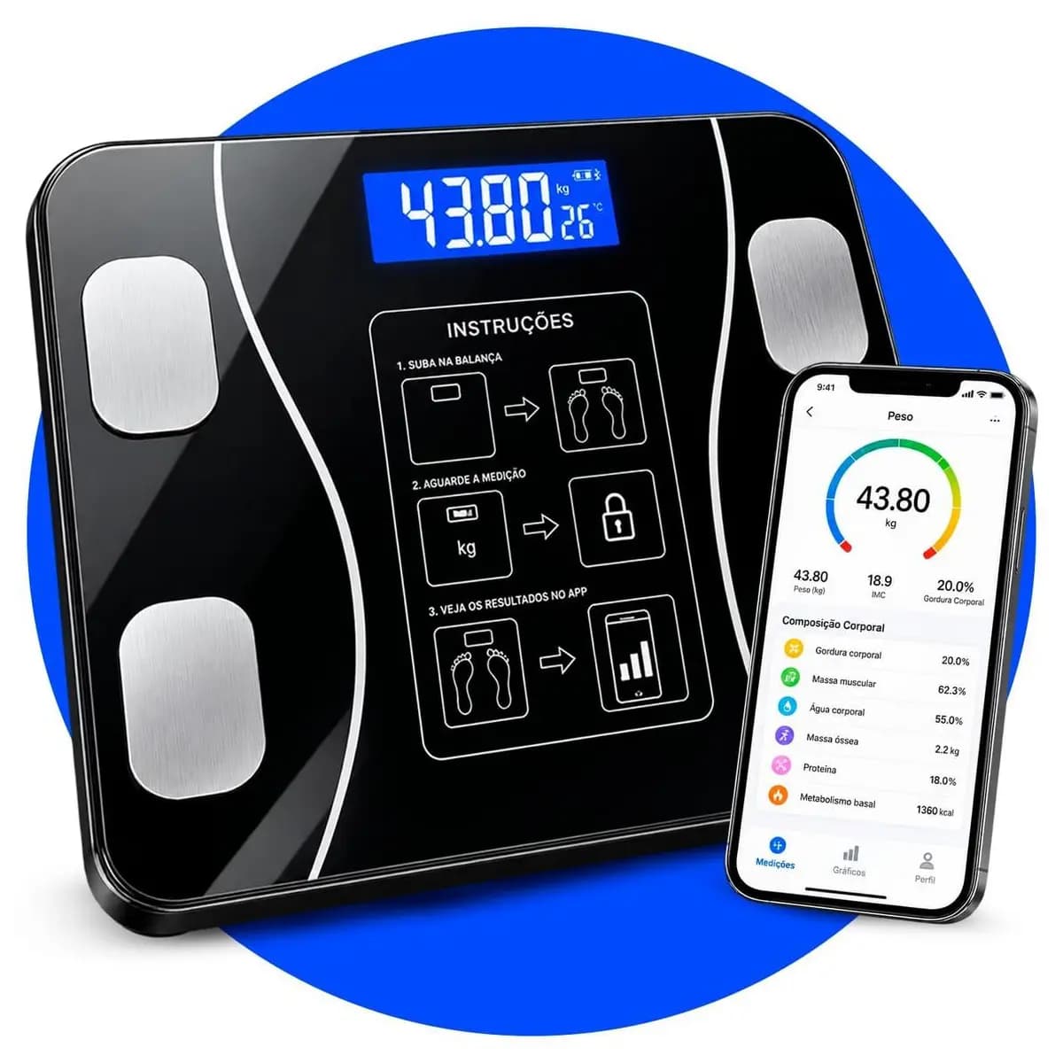 Balança Corporal Inteligente Digital Bluetooth até 180kg, Bioimpedância, Aplicativo, Gordura Corporal, Massa Muscular, Precisão 50g Fitness Premium