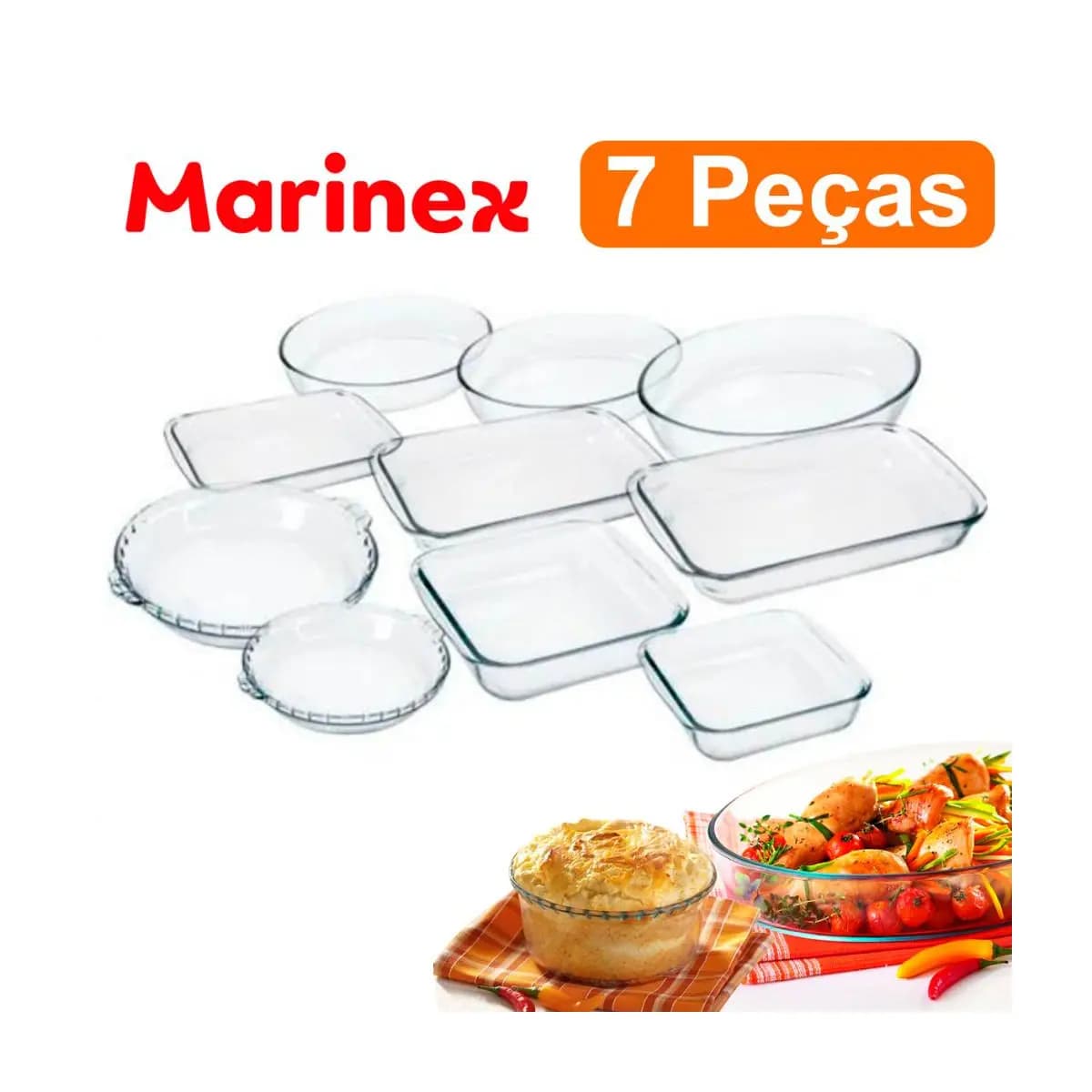 Kit Conjunto Marinex 7 peças jogo de Travessas Variadas Assadeiras em Vidro Temperado Nadir própria Para Forno
