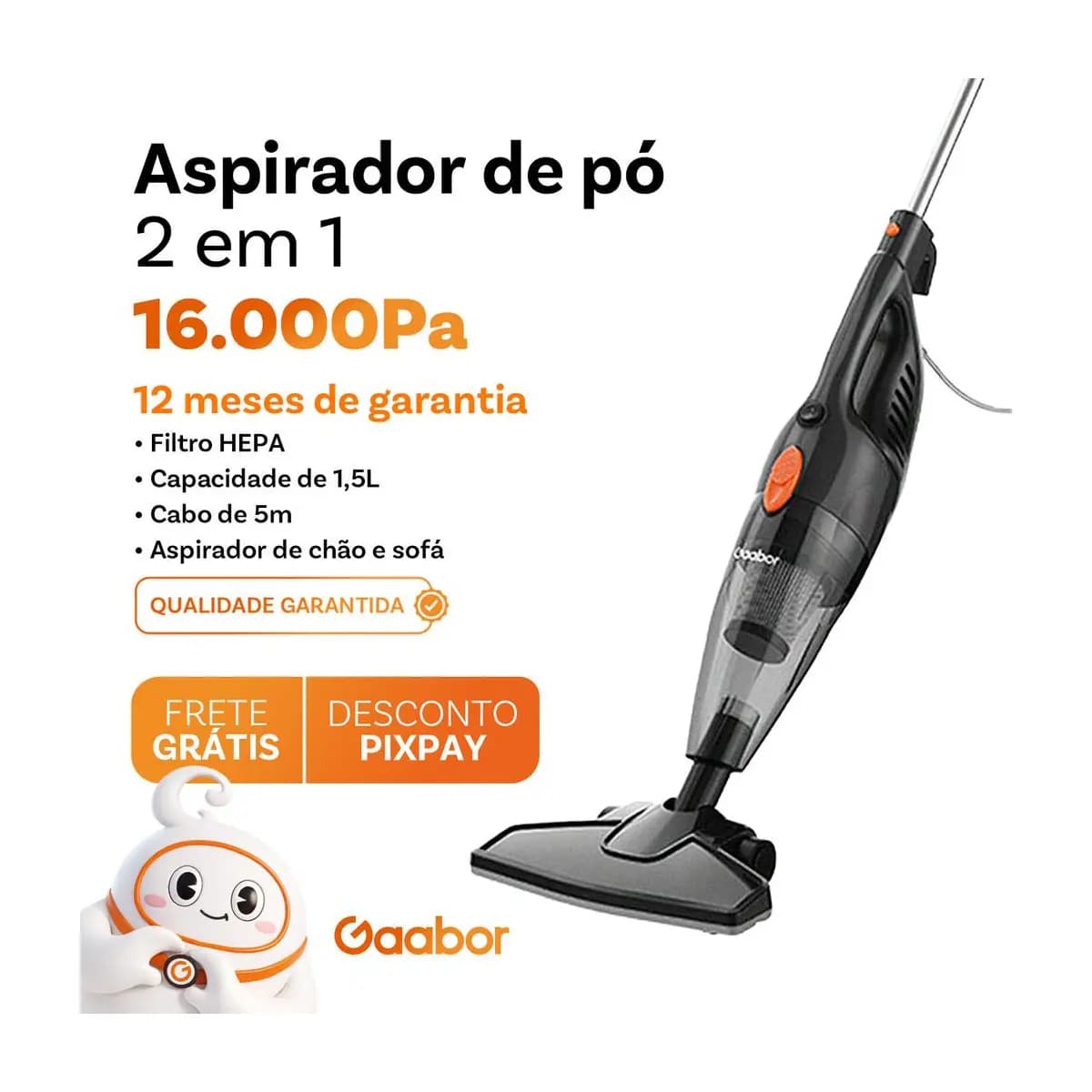 Gaabor Aspirador de Pó Portátil 2 em 1 com Fio e Haste Pressão de Sucção Forte 16000Pa Dust Off GVCW-M15A