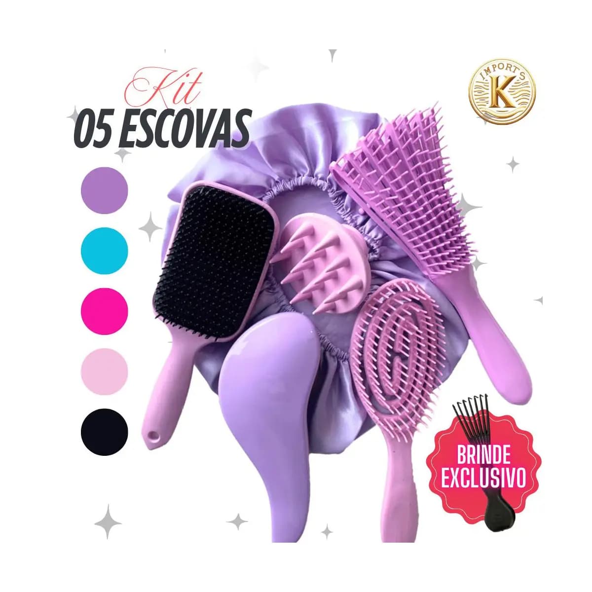 Kit 5 Escovas de Cabelo + Touca de Cetim – Raquete Fashion, Mágica, Polvo, Massageadora de Silicone
