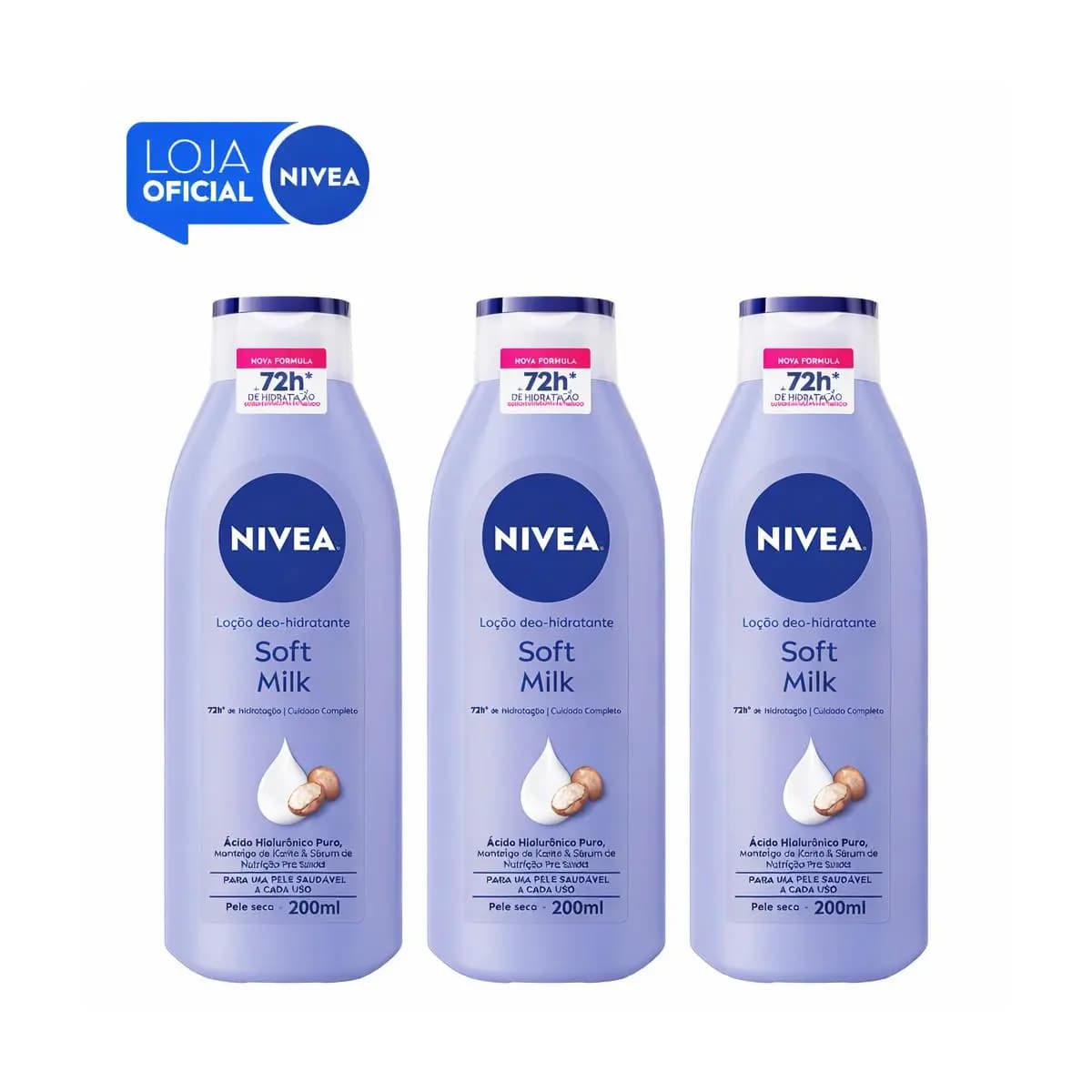 KIT NIVEA Hidratante Desodorante Soft Milk 200ml - 3 unidades