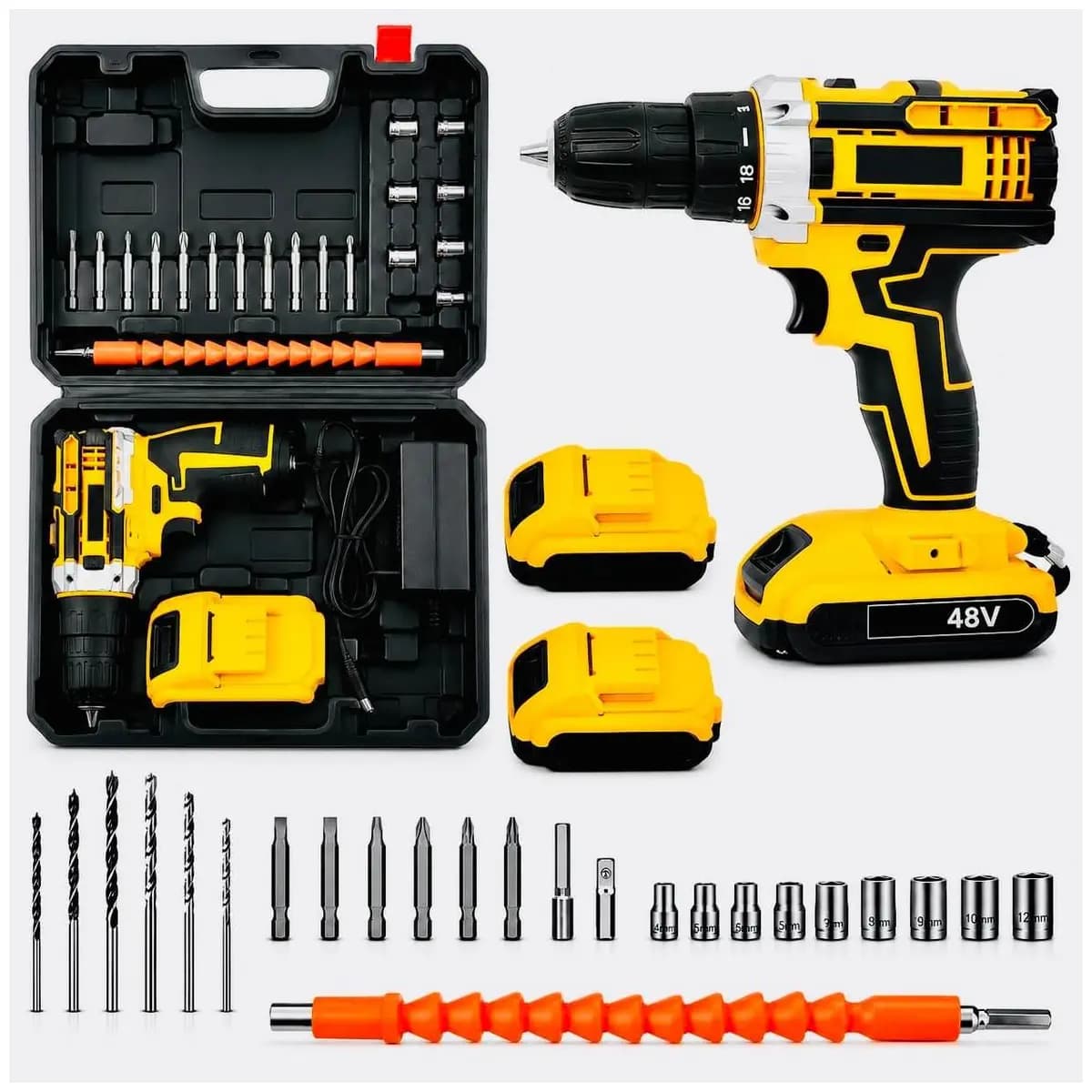 Parafusadeira e Furadeira 48V Sem Fio com Impacto Mandril 10mm Torque 32Nm 2 Baterias Recarregáveis Velocidade Variável Reversível Kit Completo com Brocas Bits Soquetes e Maleta