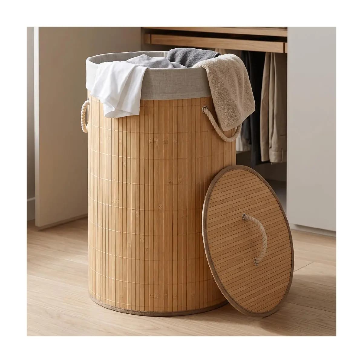 Cesto De Roupa Suja Bambu Dobrável Redondo 57L Grande Organizador Forrado Tampa Alças Banheiro Lavanderia Multiuso