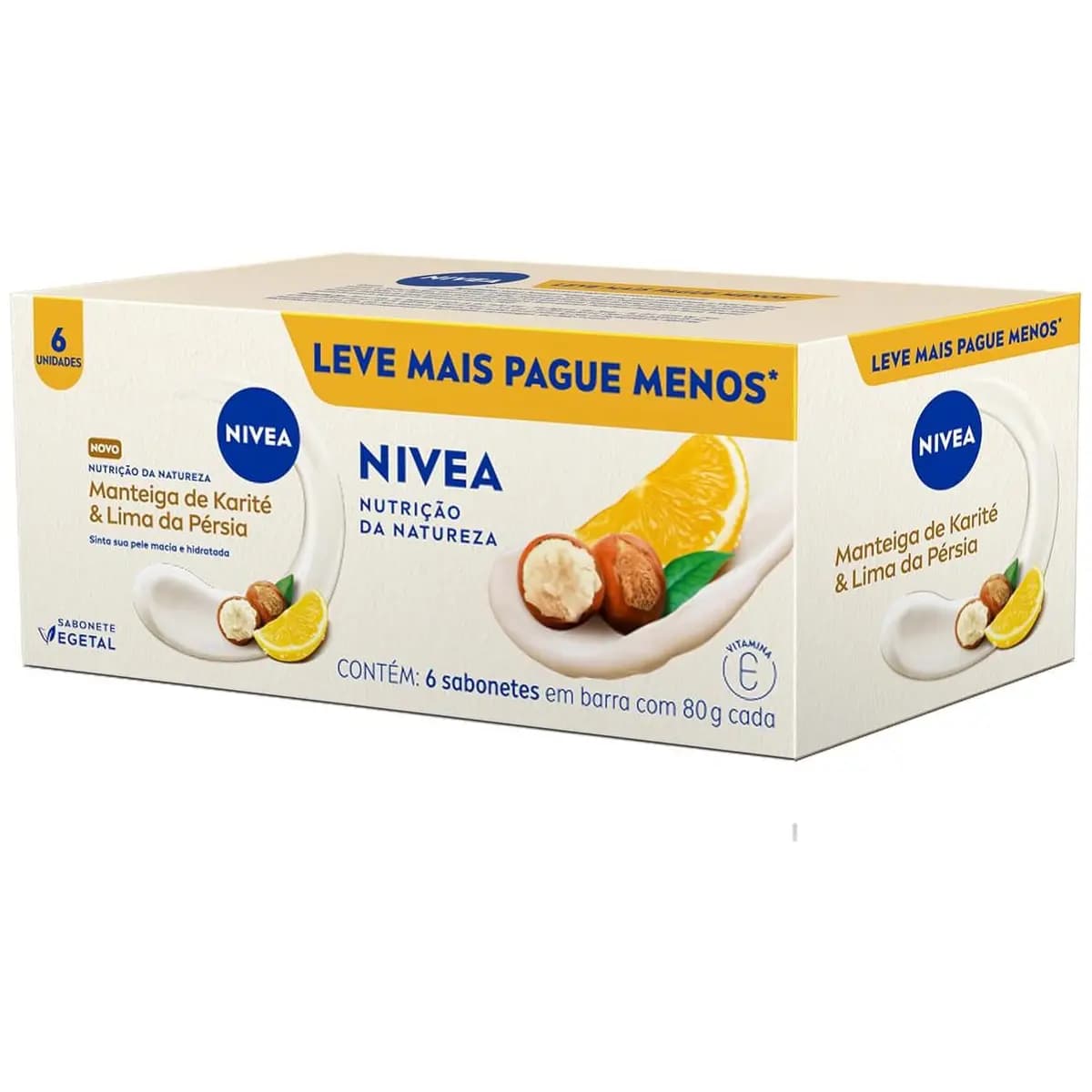 NIVEA Sabonete Vegetal Nutrição Da Natureza Manteiga De Karité & Lima Da Pérsia 80g (6 un.), Limpeza Delicada, Banho, Pele Macia e Hidratada, Fórmula Natural