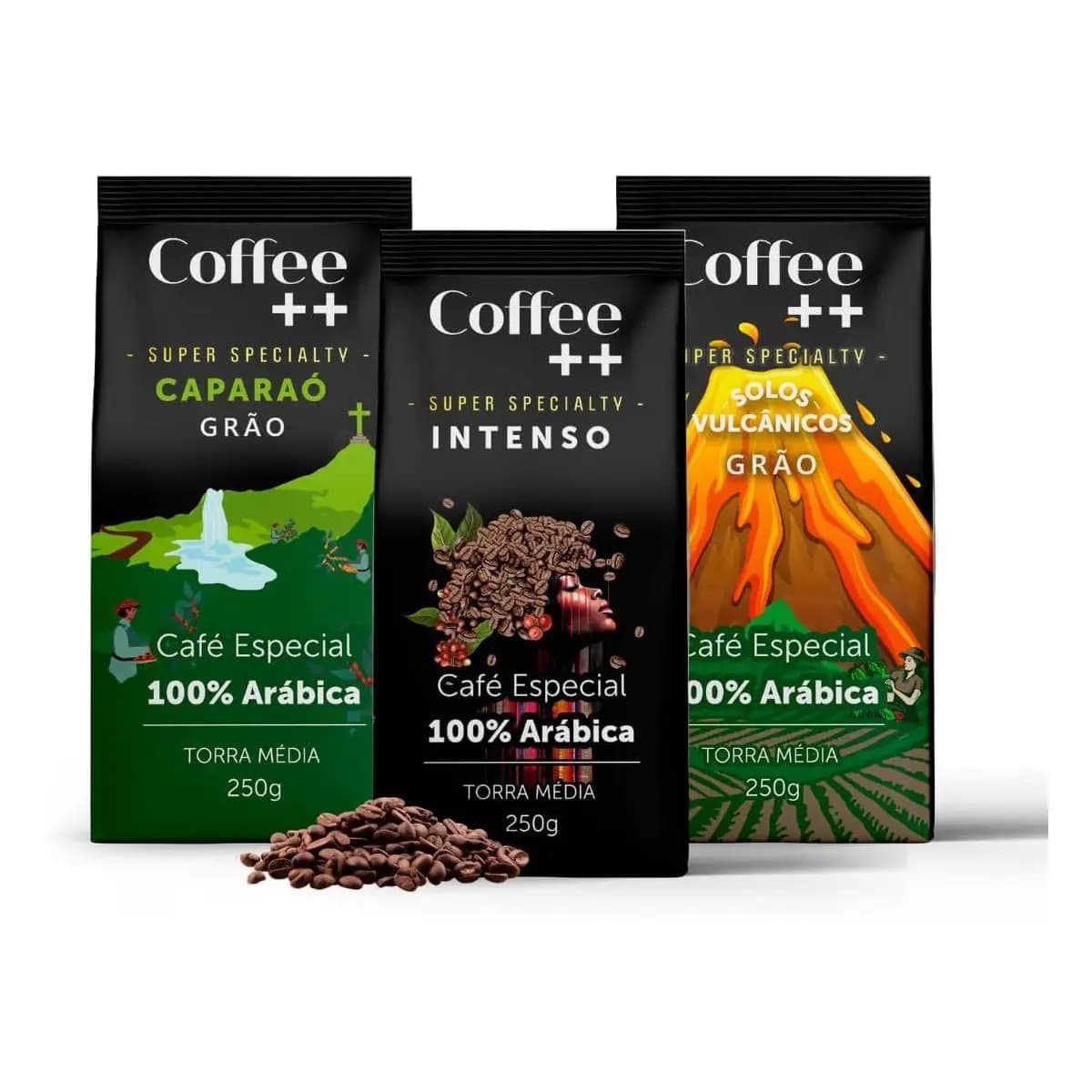 Kit 3 Pacotes Café Especial em Grãos Coffee Mais Variedades: Caparaó, Intenso e Solos Vulcânicos - 100% Arábica (3x250g)