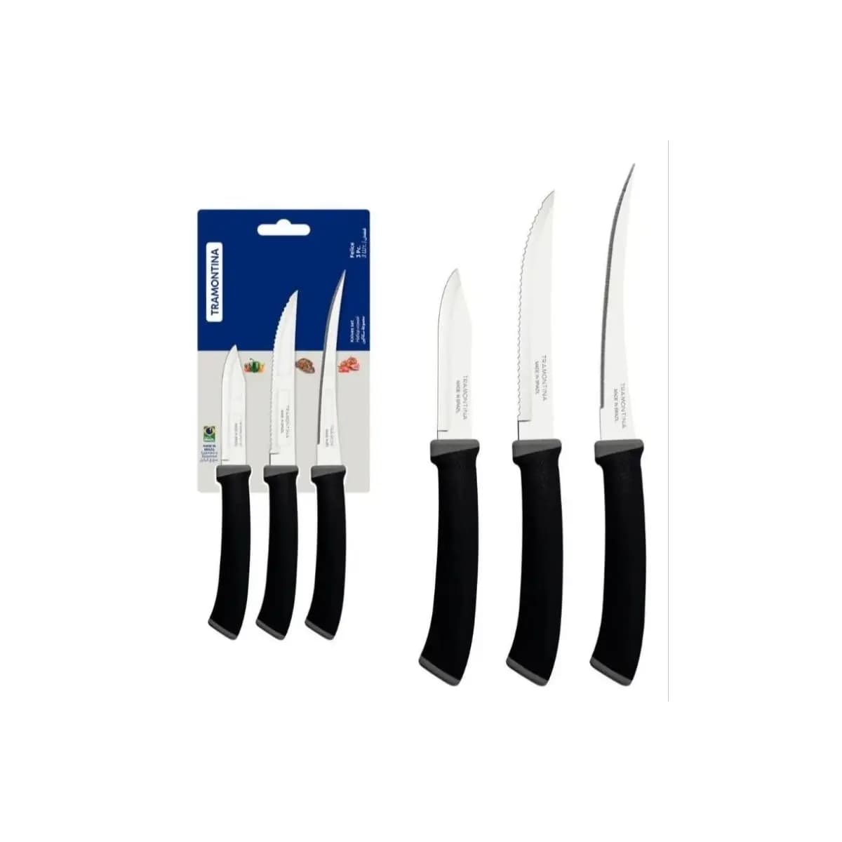 🗡️ Jogo de Facas Tramontina felice 3 Peças – Preto | Aço Inox, Cabos Ergonômicos, Ideal para Carnes, Frutas e Legumes