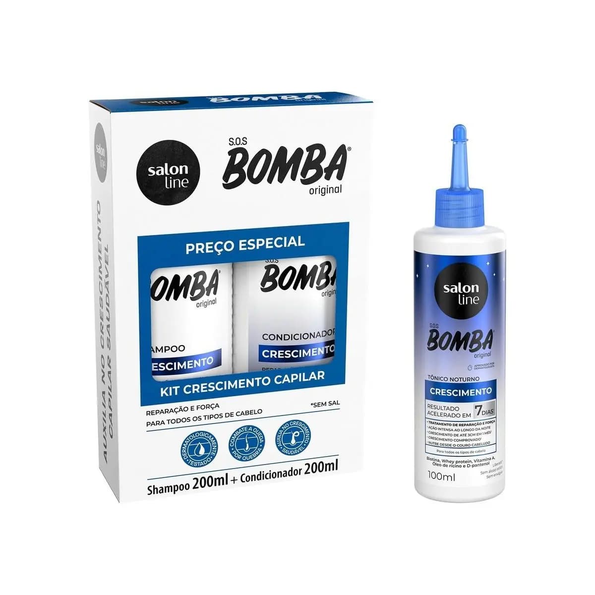 Kit shampoo e Condicionador 200ml + Tônico noturno SOS Bomba Crescimento