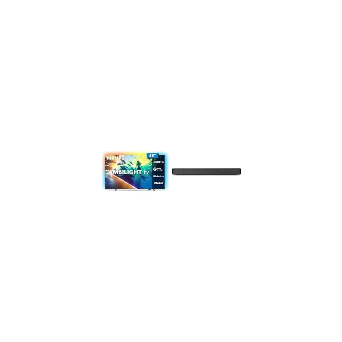 PHILIPS, Smart TV Ambilight 55" 4K, 55PUG8100/78 + PHILIPS, Soundbar, TAB4000, Aparelho de Áudio para TV com Bluetooth, HDMI ARC e USB
