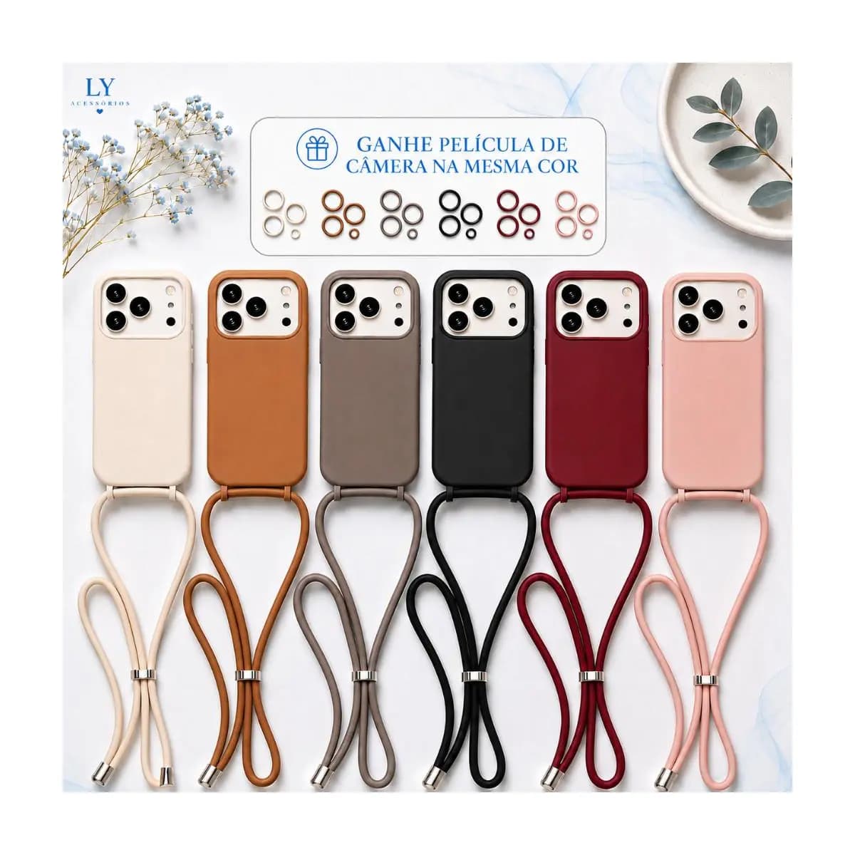 Capa Capinha com Cordão para iPhone 17 17 Air 16 16E/17E 15 14 13 12 11 Pro Max TPU Aveludada Antichoque