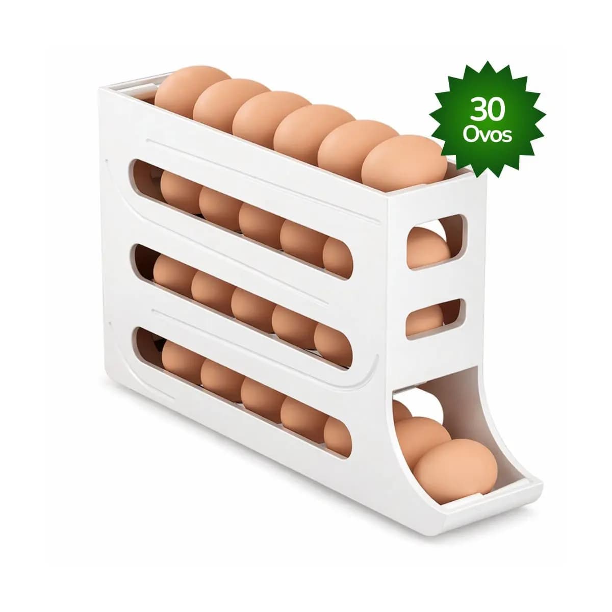 Porta Ovos dispenser 4 Andares Branco Rolante em Plástico para Geladeira Organizador 30 Ovos