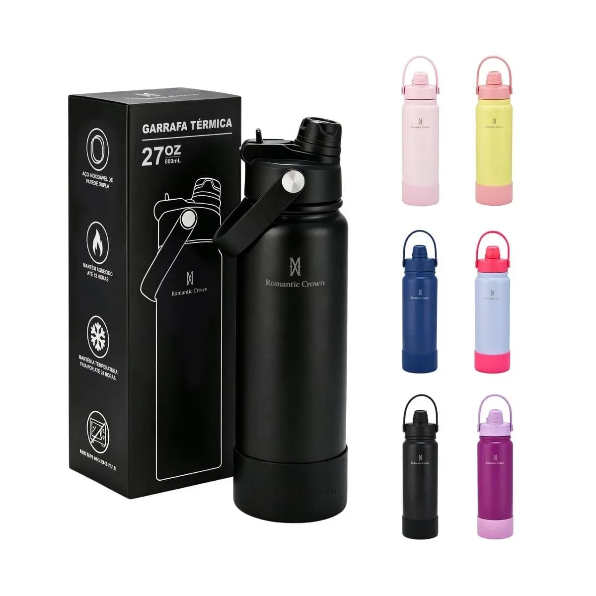 ROMANTIC CROWN Garrafa Térmica 800ml Aço Inox 304 Grande Capacidade com 2 Formas de Beber para Viagem e Esporte