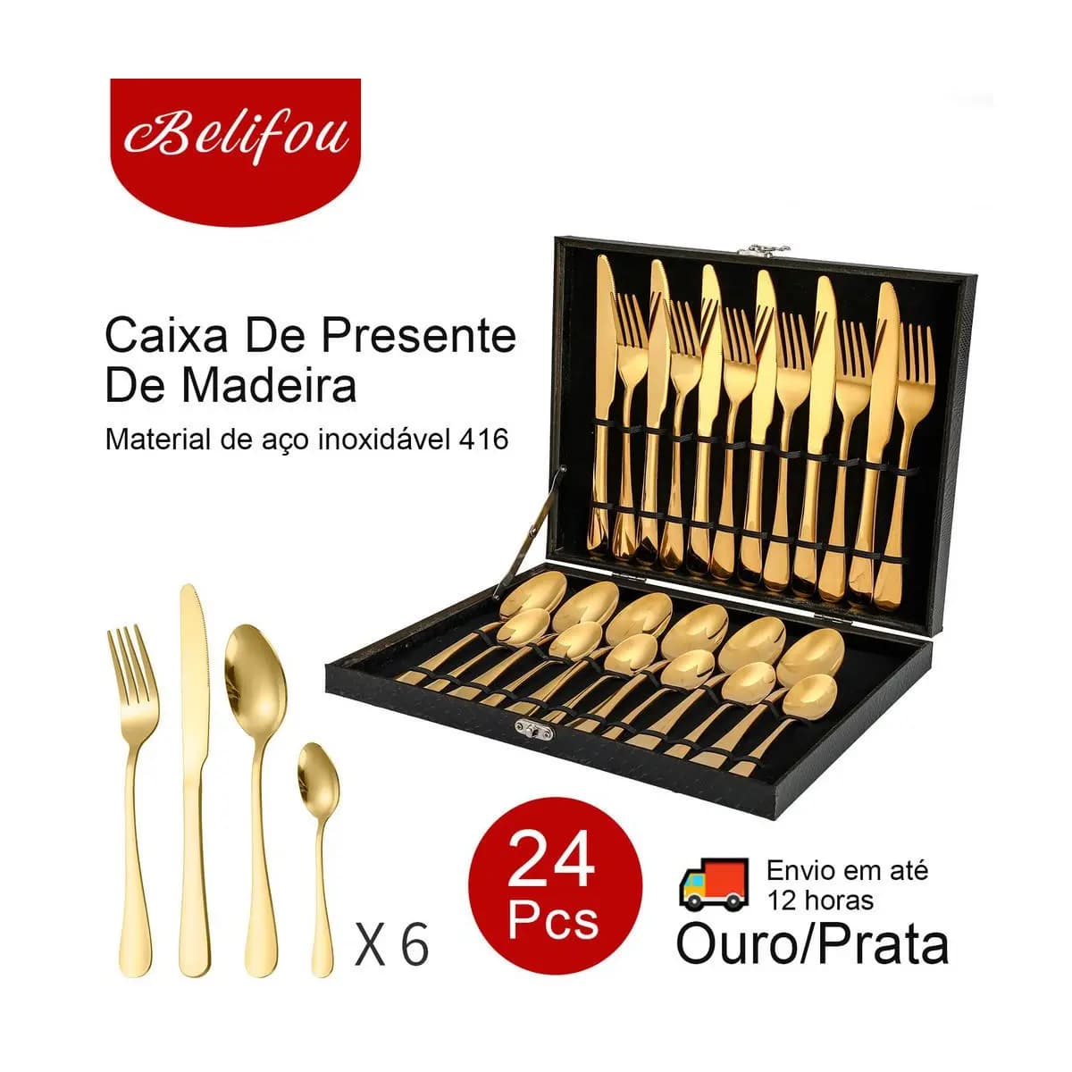 Belifou Kit 24 Peças Jogo De Talheres Dourados Aço Inoxidável Caixa De Madeira
