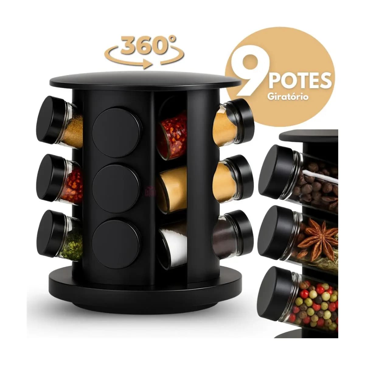 Porta Temperos Profissional Giratório 9 Potes Vidro PROMOÇÃO com Tampa Dosadora Condimentos