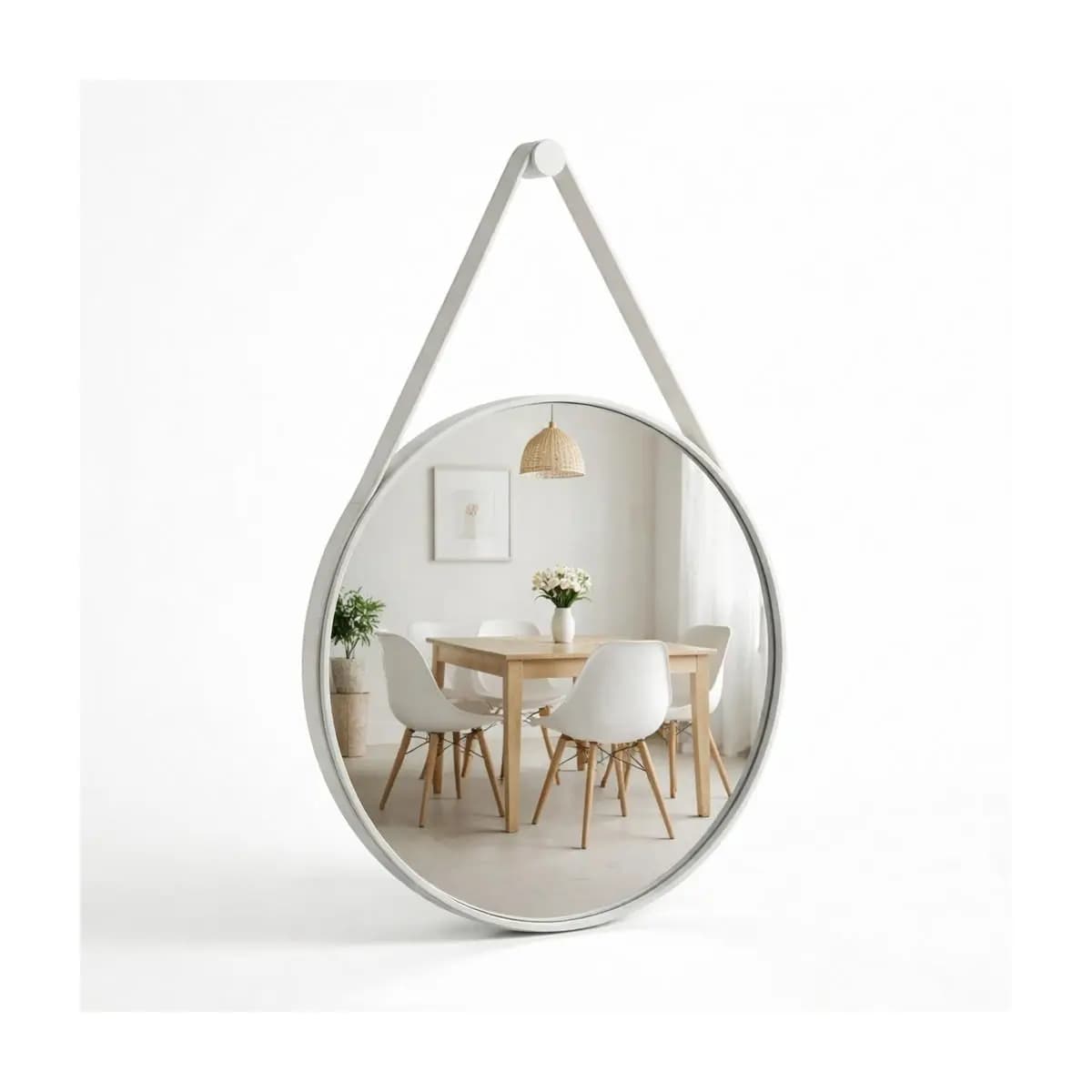 Espelho Redondo Decorativo Adnet Alça Couro Suporte 60cm Sala Quarto Banheiro